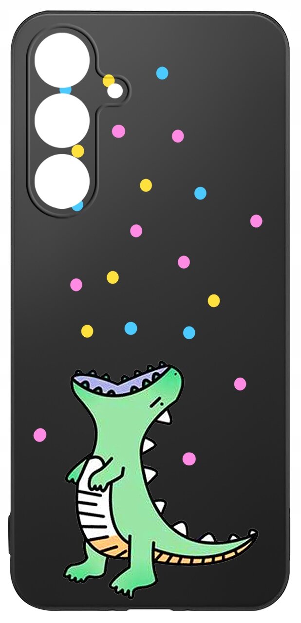 Czarne etui na telefon z kolorowym wzorem przedstawiającym zielonego dinozaura oraz kolorowe kropki. Etui ma wycięcia na aparat i przyciski.