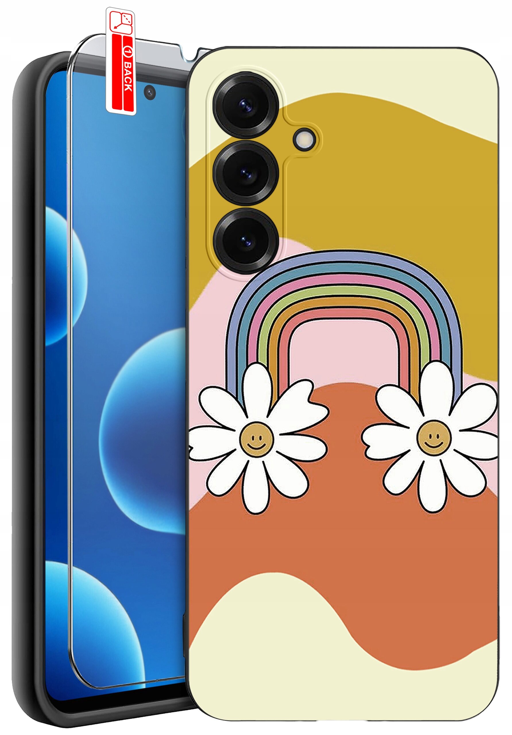 Etui na telefon z kolorowym wzorem tęczy i dwoma kwiatami z uśmiechniętymi buźkami na tle w odcieniach beżu, różu i pomarańczu. Obok etui znajduje się szkło ochronne z oznaczeniem \'BACK\'.