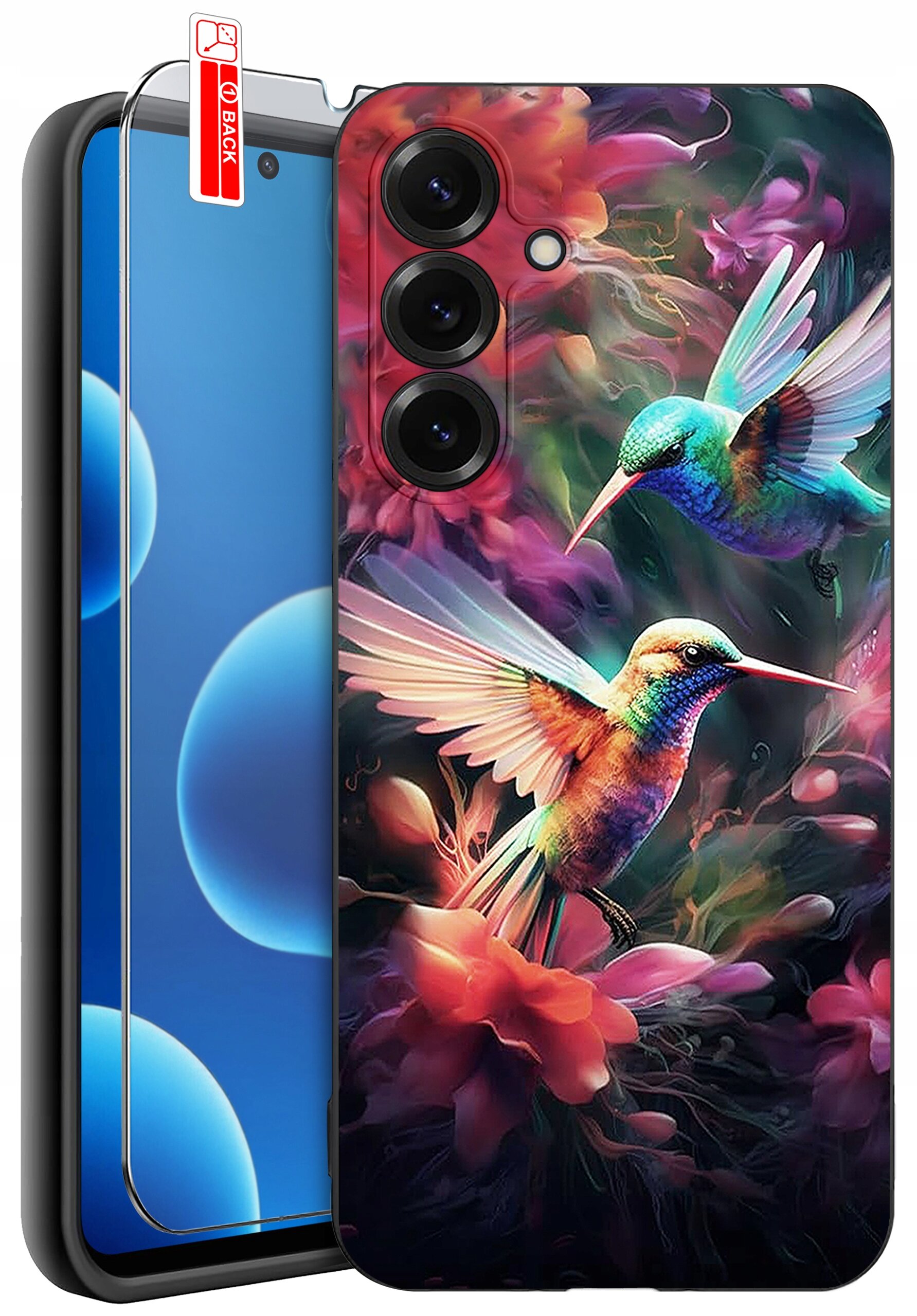 Etui na telefon z kolorowym wzorem przedstawiającym dwa kolibry wśród kwiatów. Obok etui znajduje się szkło ochronne na ekran z oznaczeniem \'BACK\'.