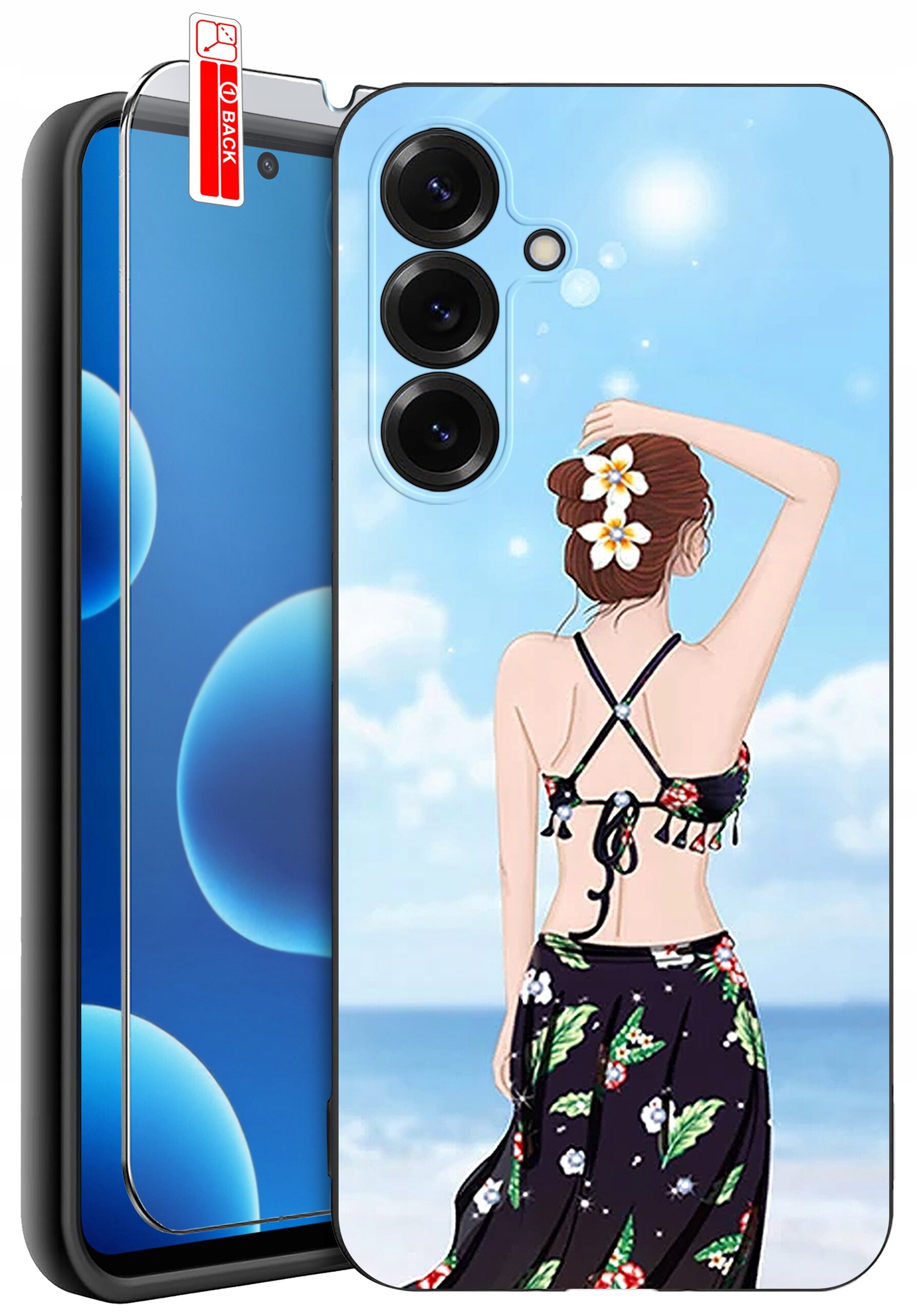 Etui na telefon z grafiką przedstawiającą osobę na plaży, z kwiatami we włosach, na tle nieba i morza. Obok widoczna jest osłona ekranu z napisem \'BACK\'.