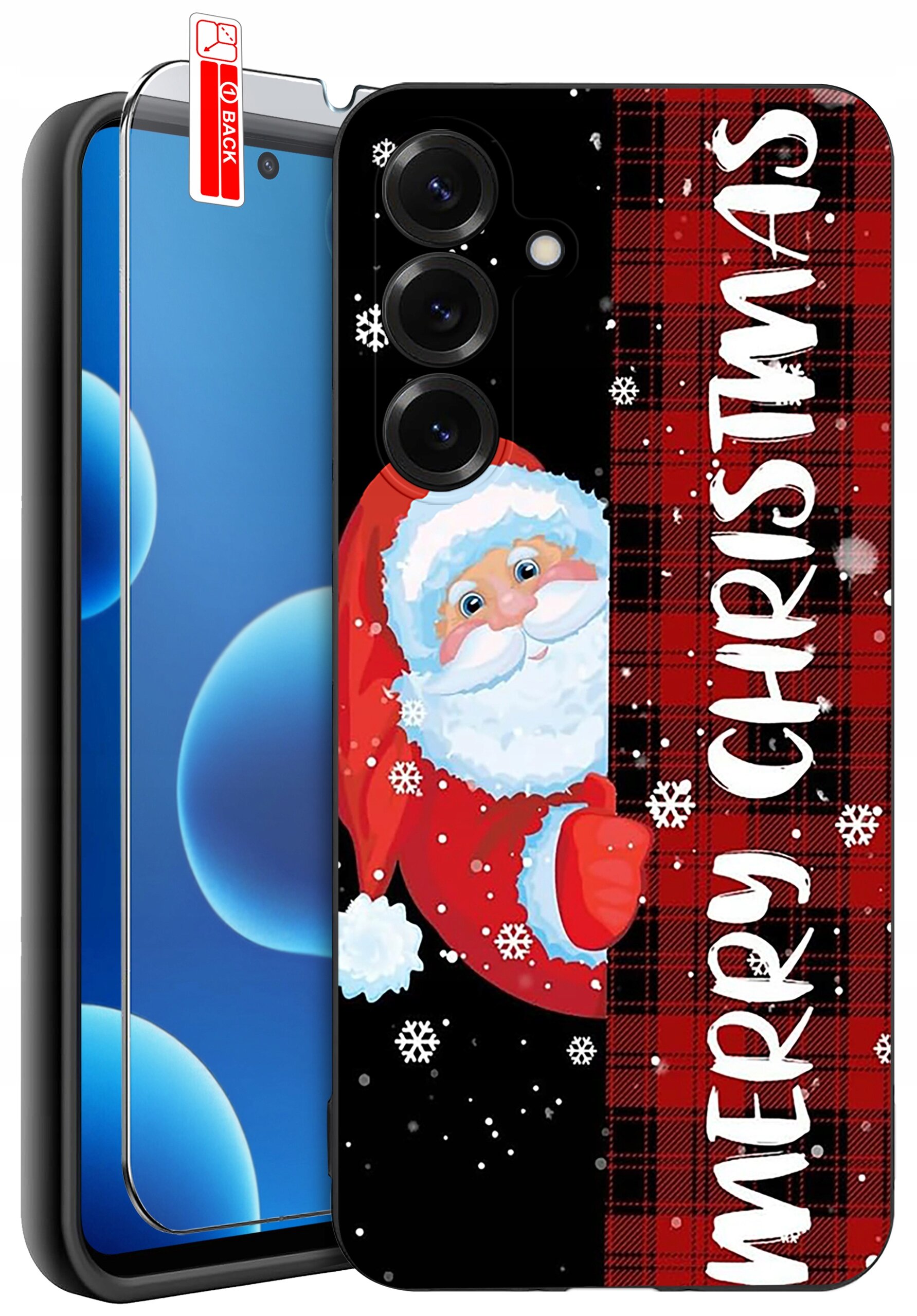 Etui na telefon z motywem świątecznym przedstawiające Mikołaja na tle czerwono-czarnej kratki z napisem \'MERRY CHRISTMAS\'. Obok etui znajduje się szkło ochronne z oznaczeniem \'BACK\'.