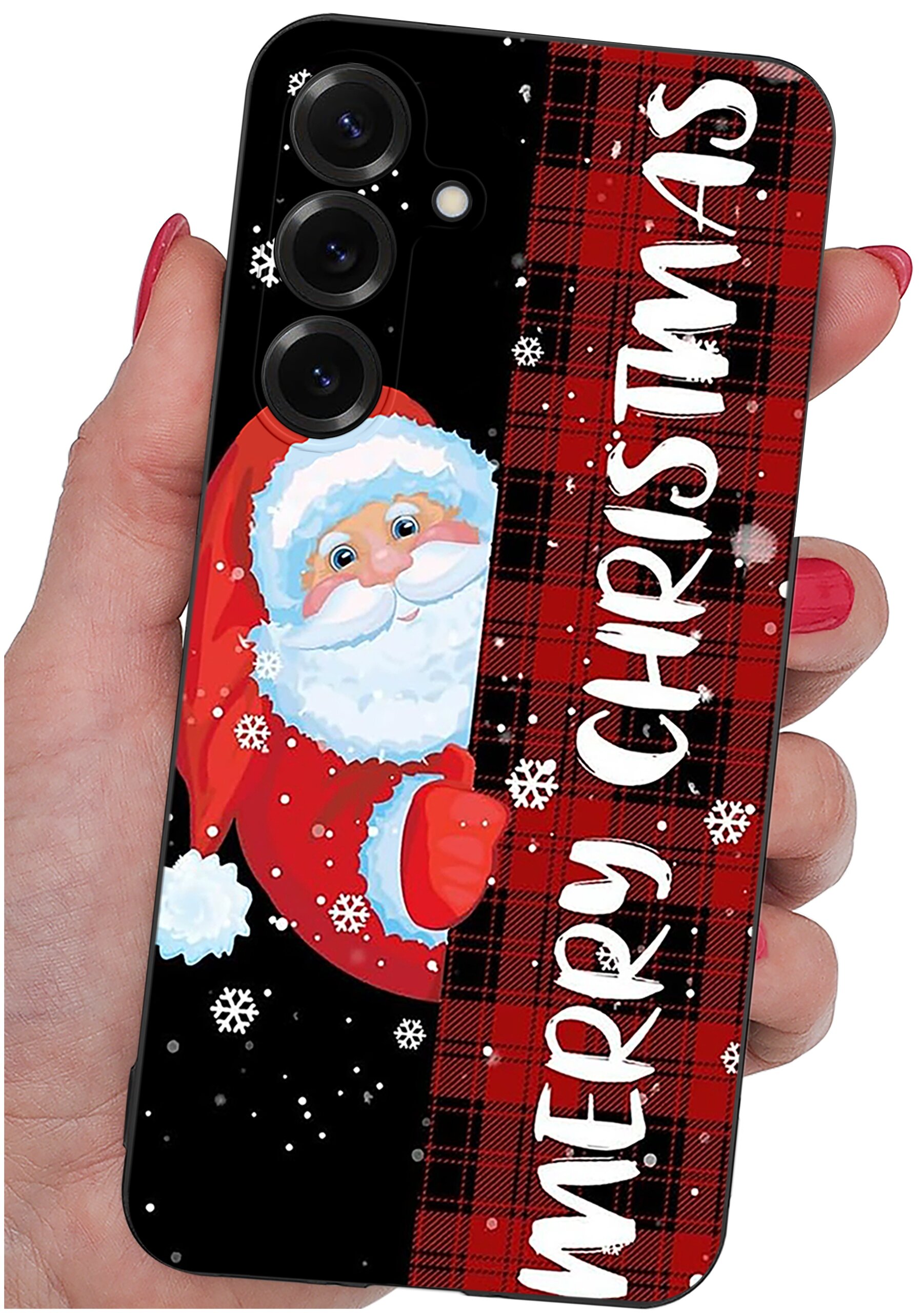 Etui na telefon z motywem świątecznym przedstawiające Mikołaja i napis \'MERRY CHRISTMAS\' na tle czerwonej kraty. Etui trzymane jest w dłoni z pomalowanymi na czerwono paznokciami.