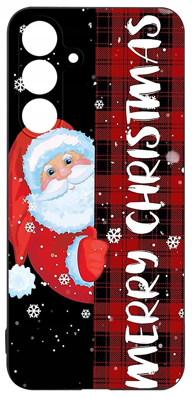 Etui na telefon z wizerunkiem Świętego Mikołaja na tle czerwonej kratki oraz napisem \'MERRY CHRISTMAS\'.
