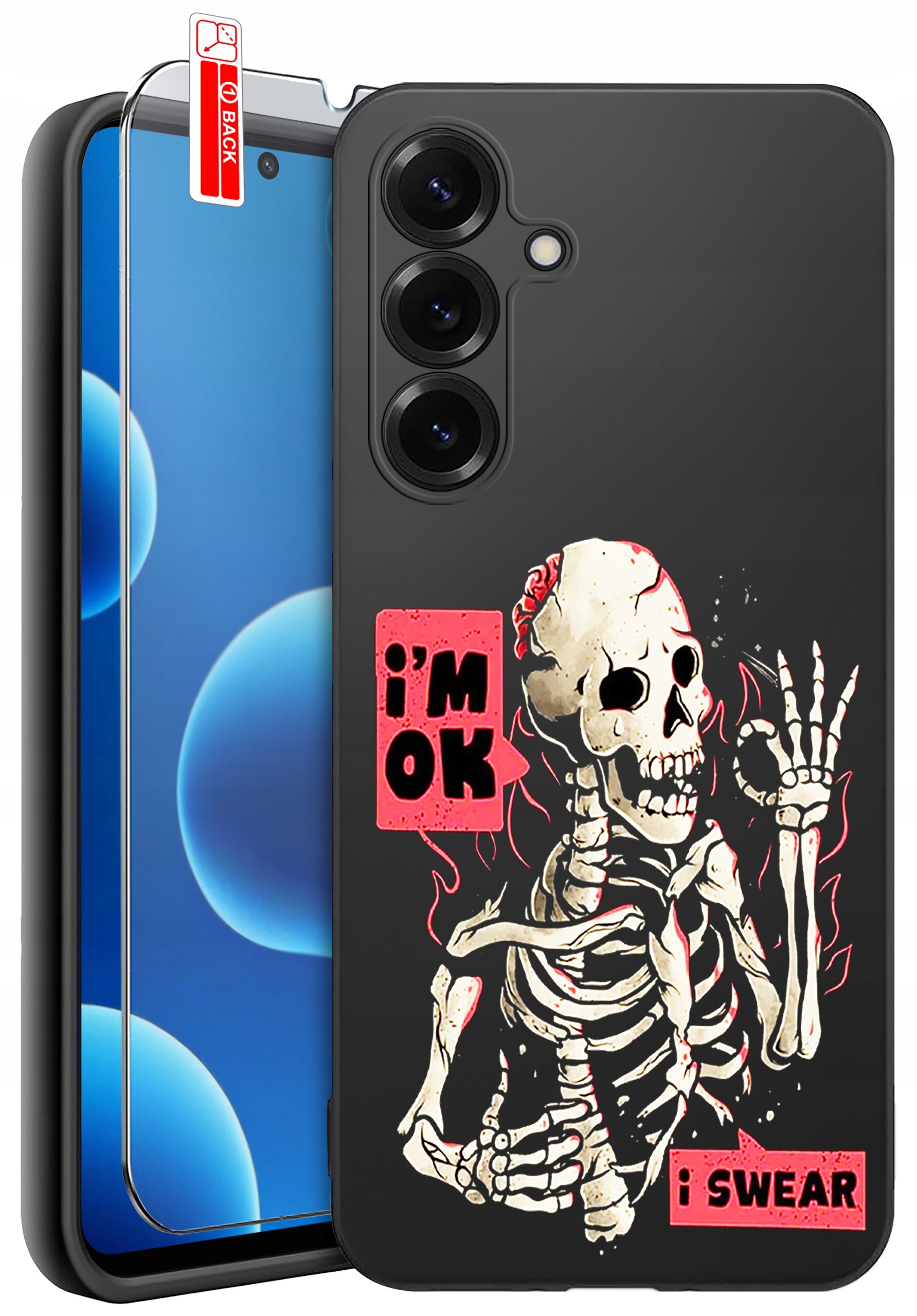 Etui na telefon z nadrukiem szkieletu i napisami \'I\'m OK\' oraz \'I SWEAR\'. Obok etui znajduje się szkło ochronne na ekran z oznaczeniem \'BACK\'.