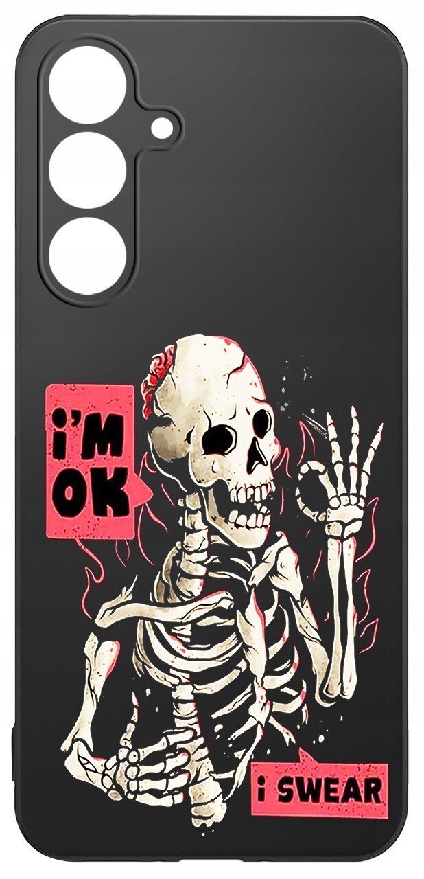 Czarne etui z nadrukiem szkieletu w pozycji gestu pokoju, z napisami \'i\'m OK\' i \'i SWEAR\' na czerwonych prostokątach.