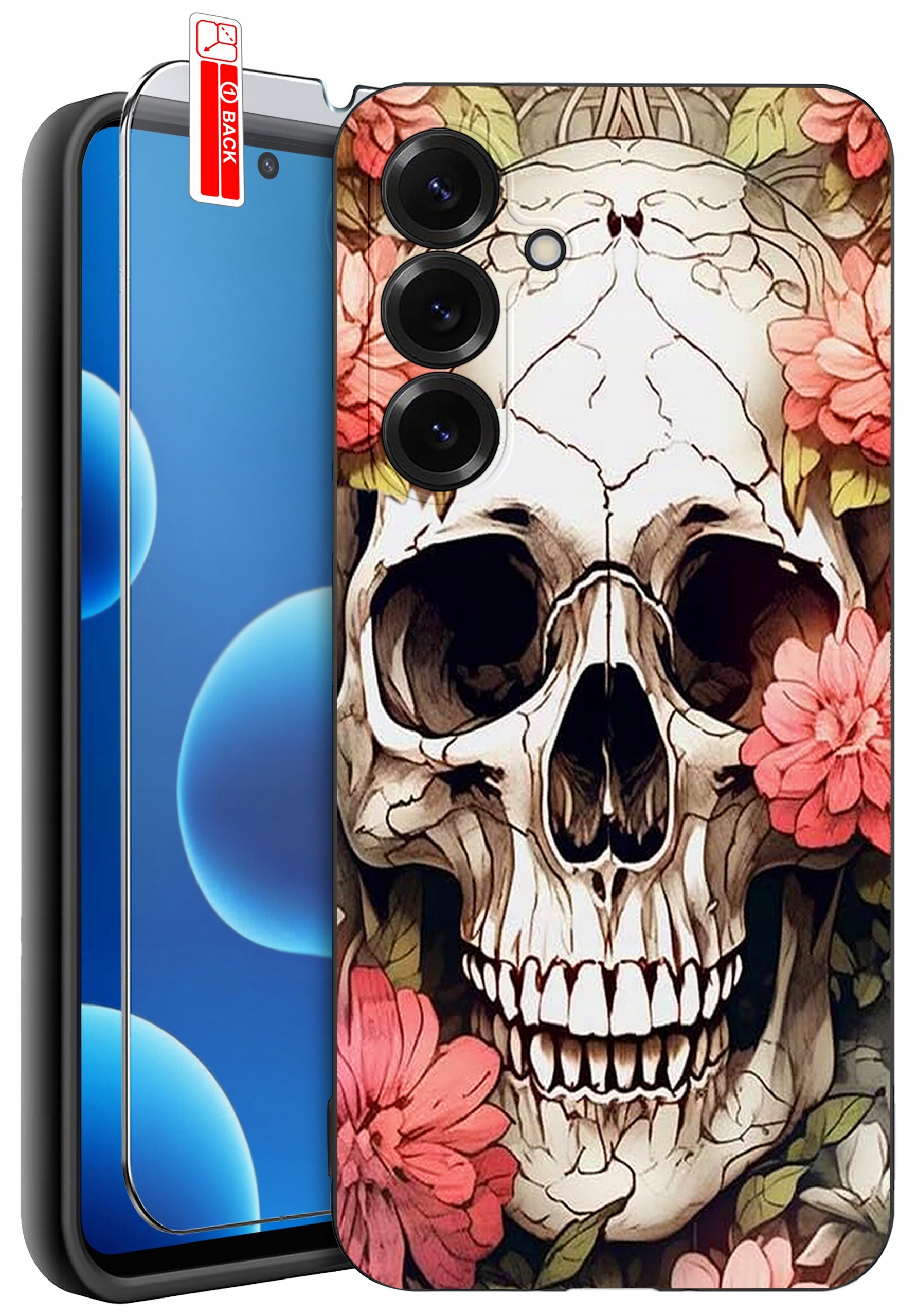 Etui na telefon z wzorem czaszki otoczonej różowymi kwiatami. Obok znajduje się szkło ochronne z napisem \'BACK\'.