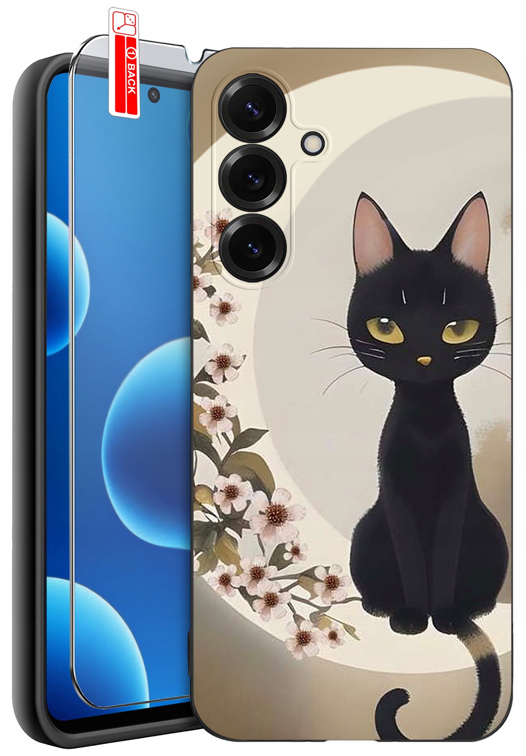 Etui na telefon z nadrukiem czarnego kota na tle okręgu z kwiatami. Obok etui znajduje się szkło ochronne z napisem \'BACK\'.