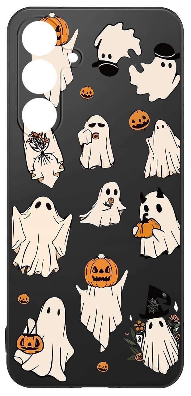 Czarne etui na telefon z motywem Halloween, ozdobione rysunkami duchów, dyń i nietoperzy. Etui posiada wycięcia na aparat i przyciski.