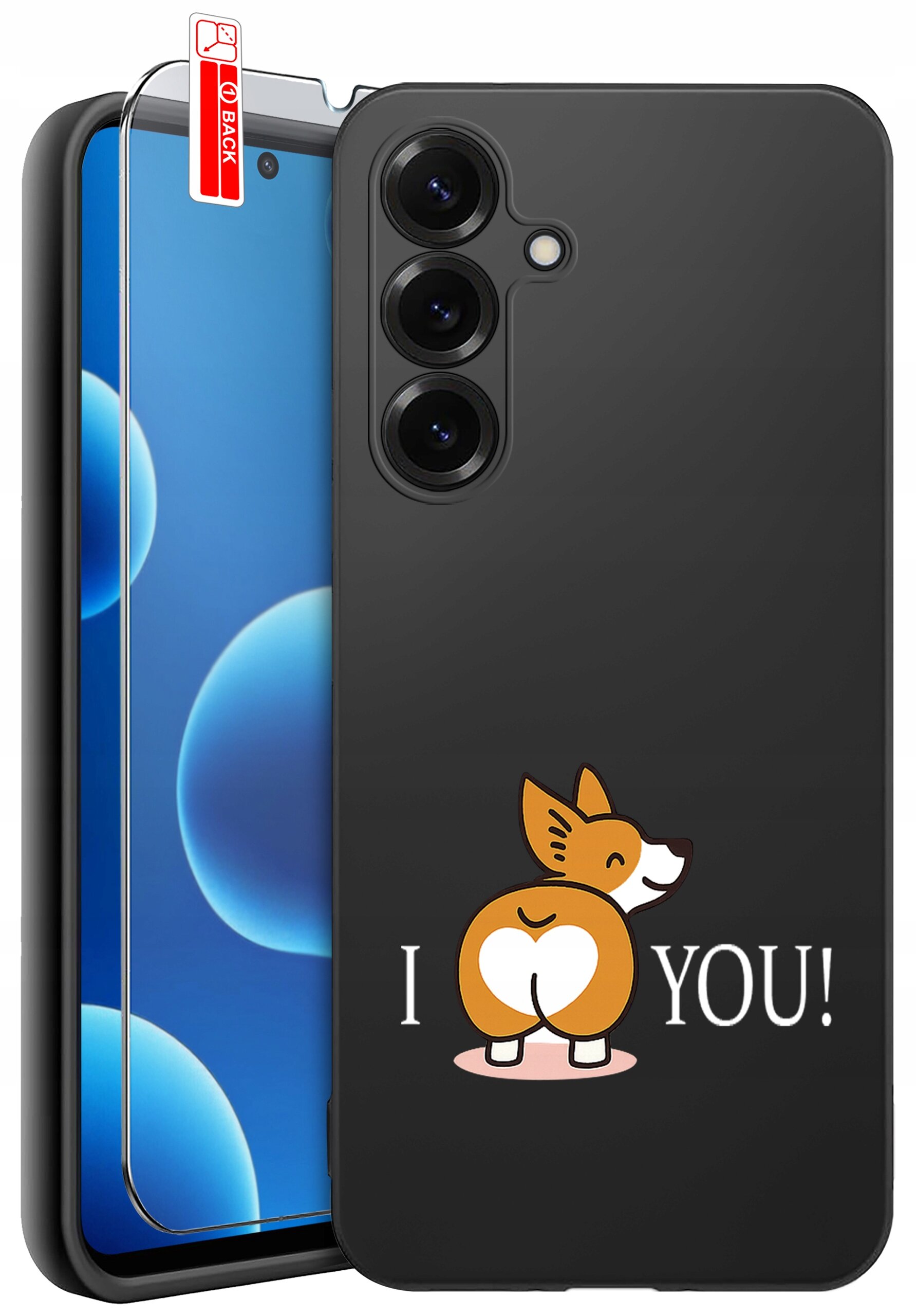 Czarne etui na telefon z nadrukiem psa i napisem \'I [serce] YOU!\'. Obok etui znajduje się szkło ochronne z oznaczeniem \'BACK\'.