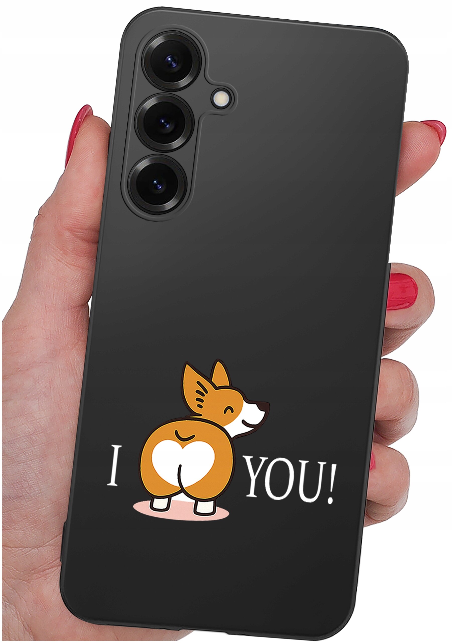 Czarne etui na telefon z trzema aparatami, ozdobione grafiką psa z sercem na tylnej części ciała oraz napisem \'I ❤️ YOU!\'.