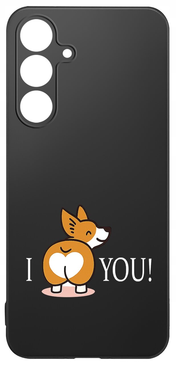 Czarne etui na telefon z grafiką przedstawiającą psa oraz napisem \'I ❤️ YOU!\'.