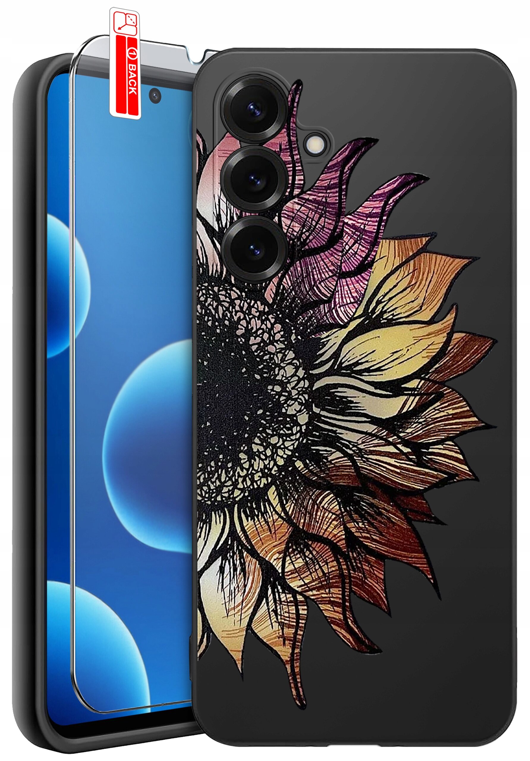 Obraz przedstawia etui na telefon z kolorowym wzorem kwiatu oraz szkło ochronne z napisem \'BACK\'.