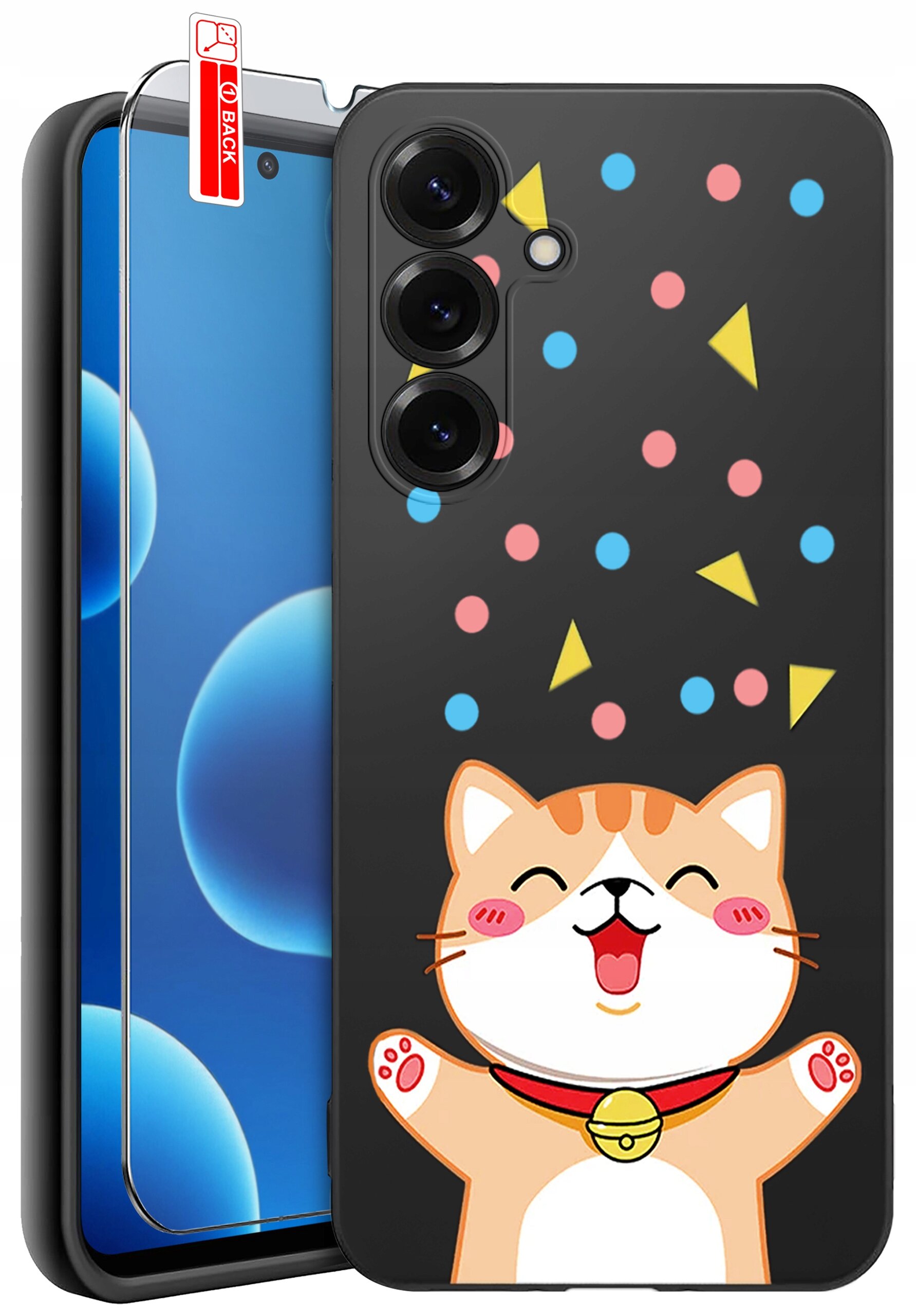Etui na telefon z rysunkiem uśmiechniętego kota i kolorowymi kropkami oraz trójkątami na czarnym tle. Obok znajduje się szkło ochronne z napisem \'BACK\'.