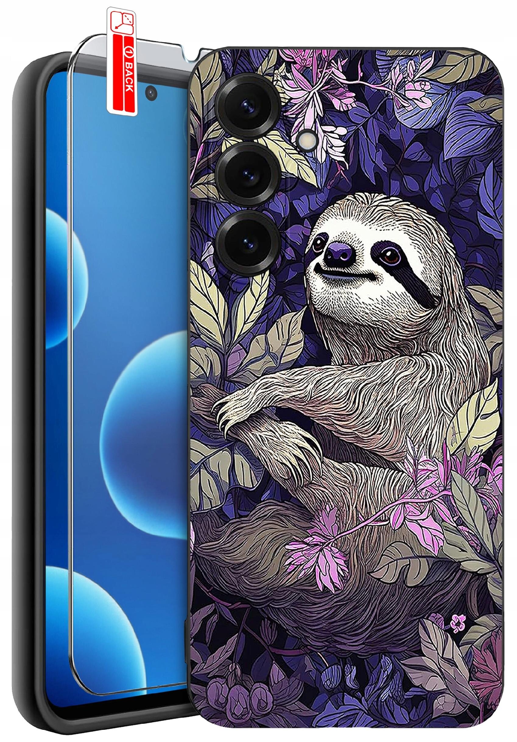 Etui na telefon z kolorowym wzorem przedstawiającym leniwca wśród liści i kwiatów. Obok etui znajduje się szkło ochronne z oznaczeniem \'BACK\'.