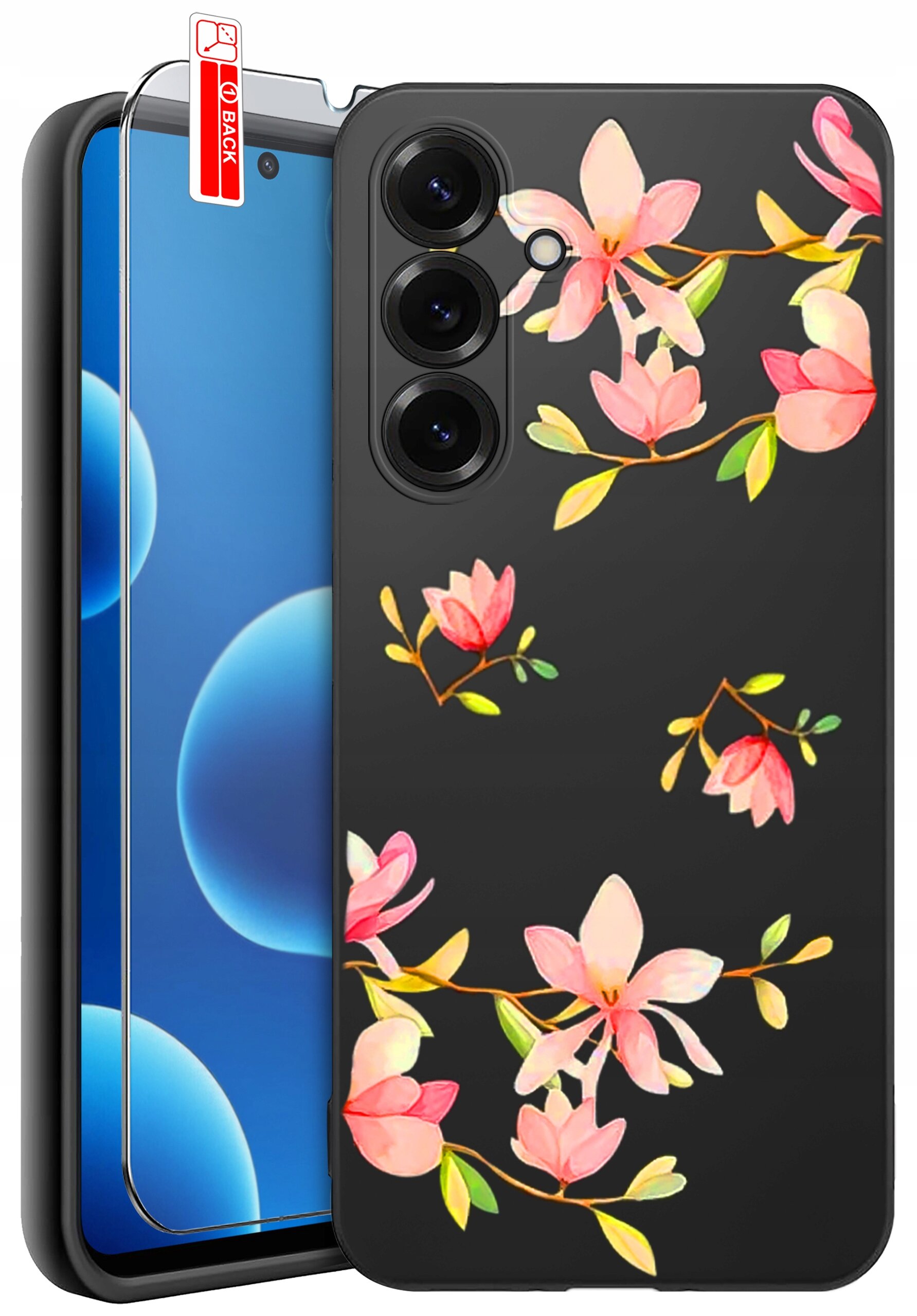 Obraz przedstawia czarne etui na telefon z kolorowym wzorem kwiatów. Obok etui znajduje się szkło ochronne z napisem \'BACK\'.