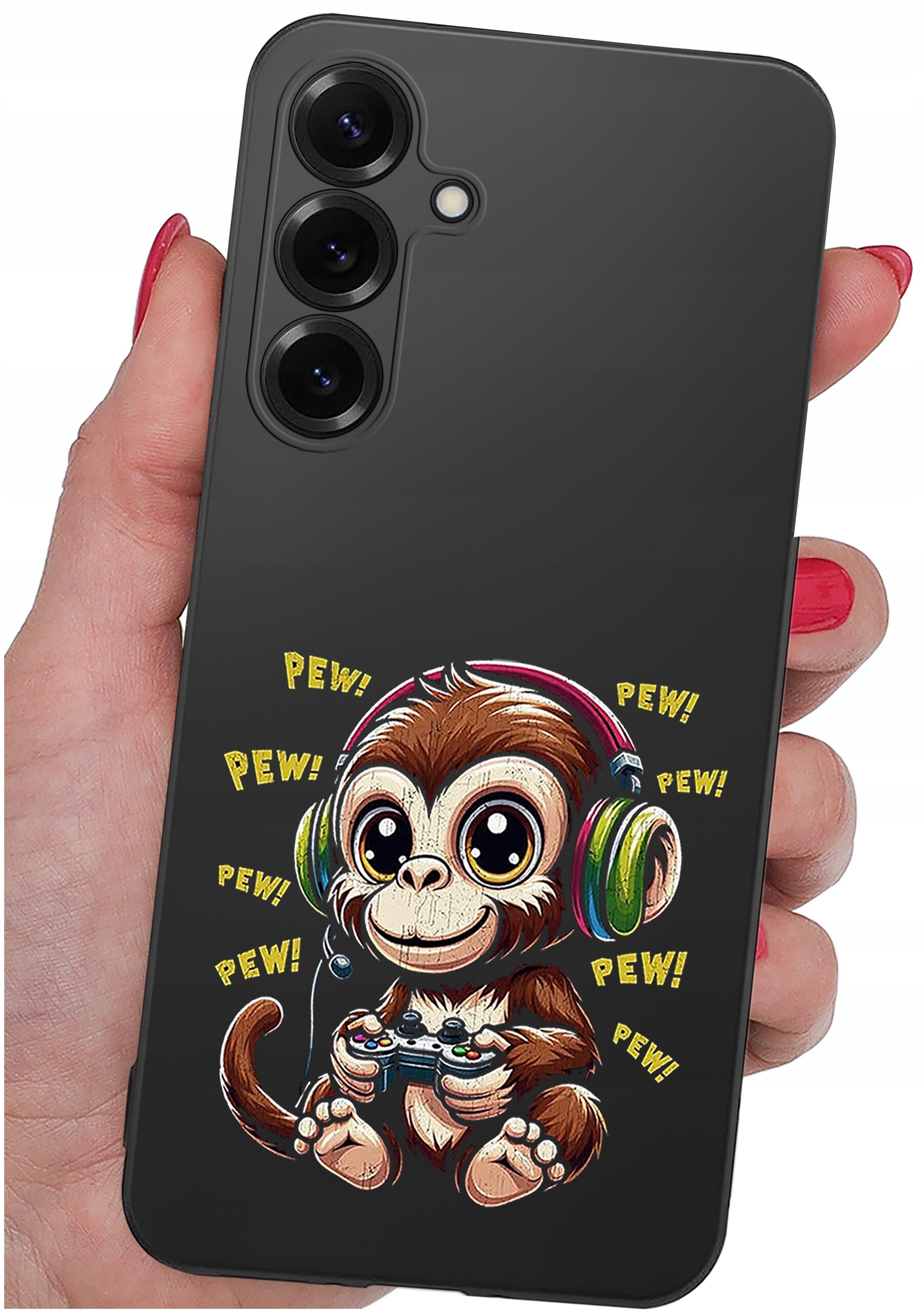 Czarne etui na telefon z nadrukiem małpki w słuchawkach trzymającej kontroler do gier, otoczonej napisem \'PEW!\'.