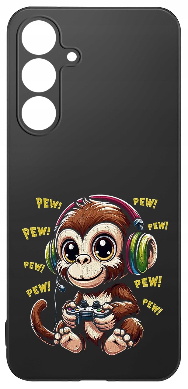 Czarne etui z nadrukiem małpy w słuchawkach trzymającej kontroler do gier, otoczonej napisem \'PEW!\'.