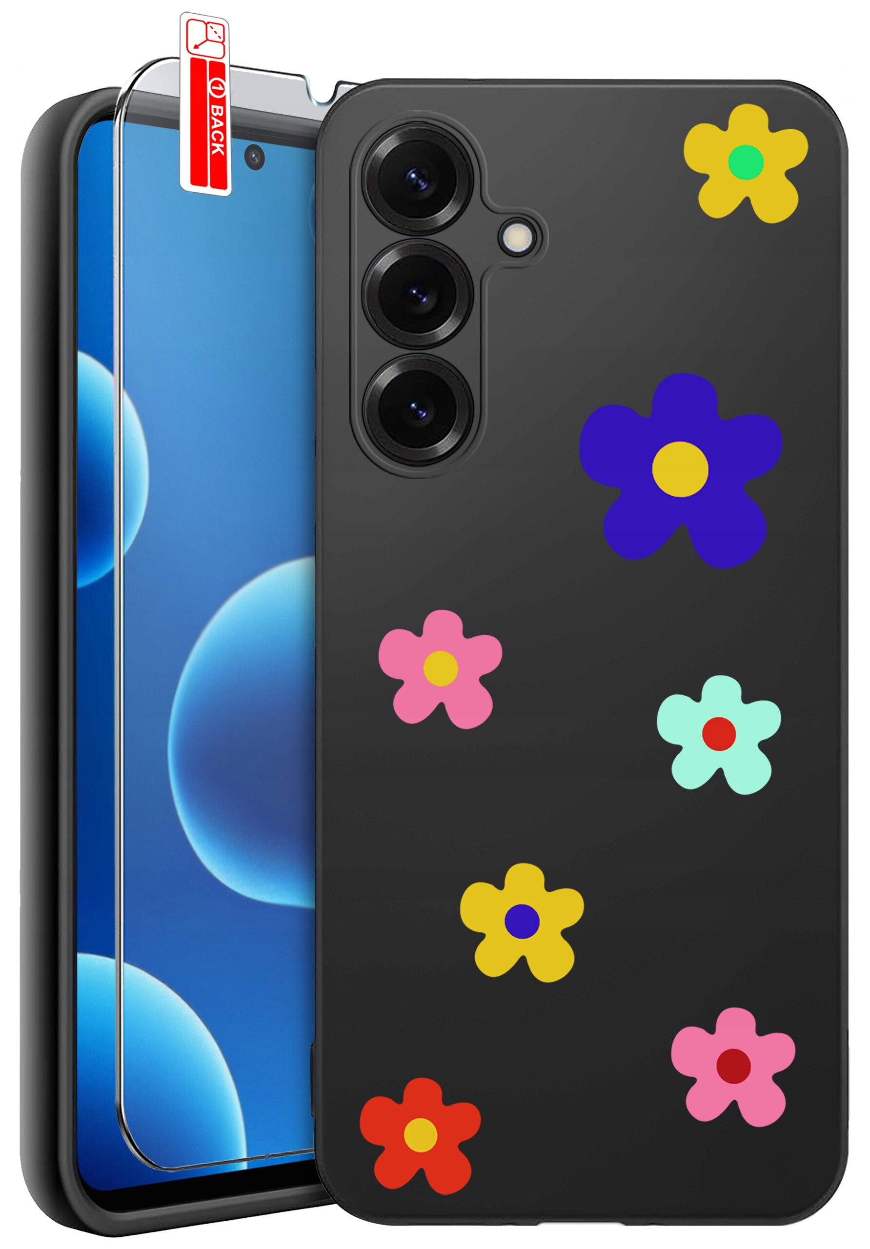 Czarne etui na telefon z kolorowymi kwiatowymi wzorami oraz szkło ochronne z oznaczeniem \'BACK\'.