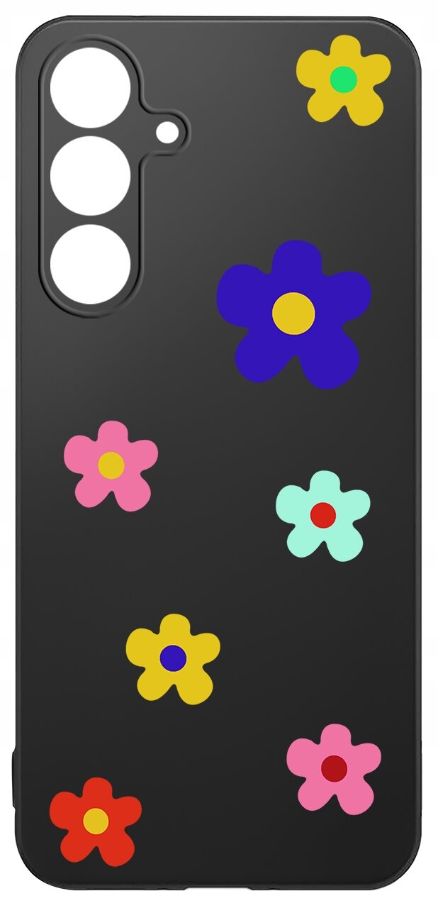 Czarne etui na telefon z kolorowymi kwiatowymi wzorami w różnych kolorach, takich jak żółty, różowy, niebieski i czerwony. Etui ma wycięcia na trzy obiektywy aparatu i lampę błyskową.