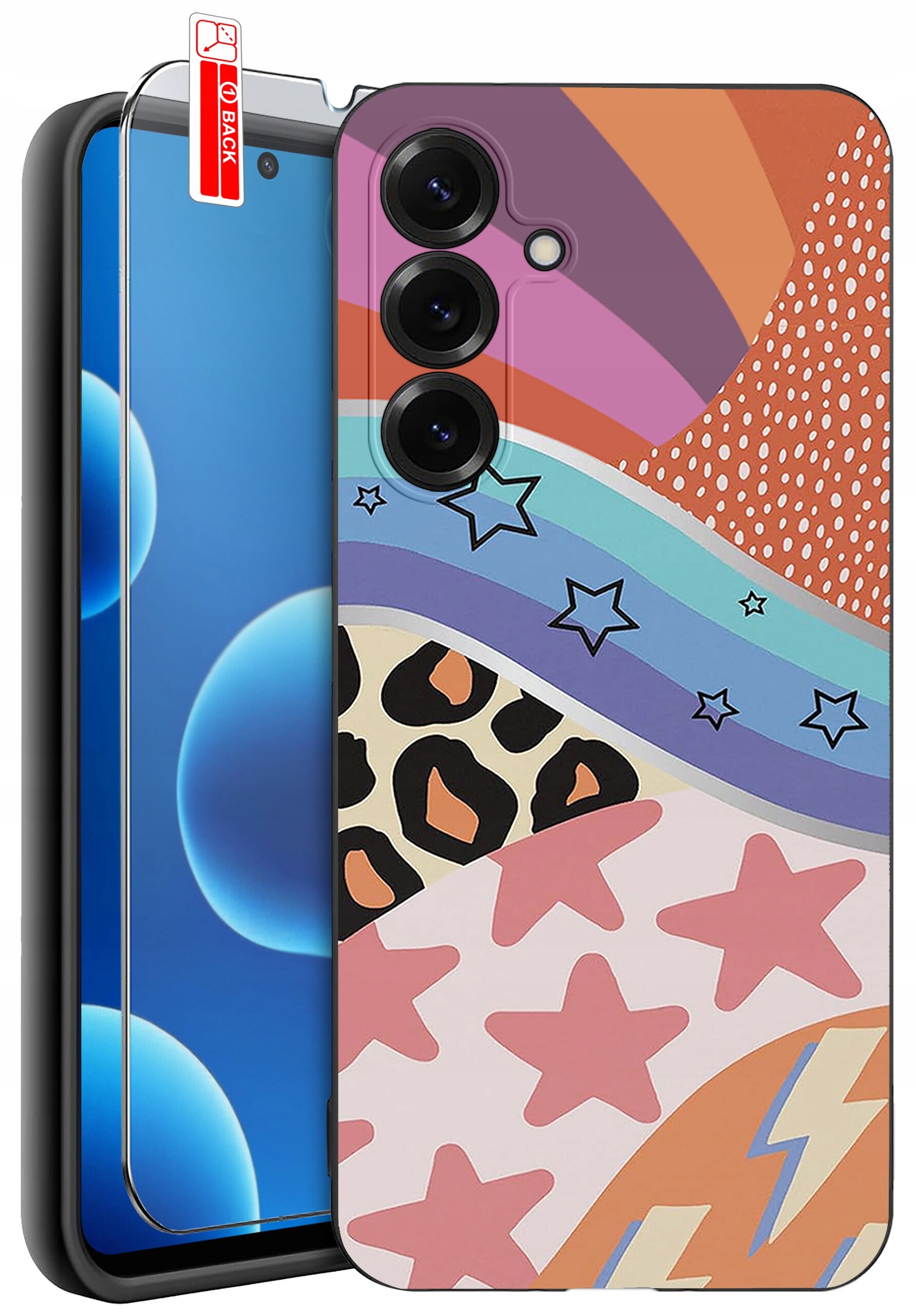 Etui na telefon z kolorowym wzorem w gwiazdy, paski i motywy zwierzęce, obok którego znajduje się szkło ochronne z napisem \'BACK\'.