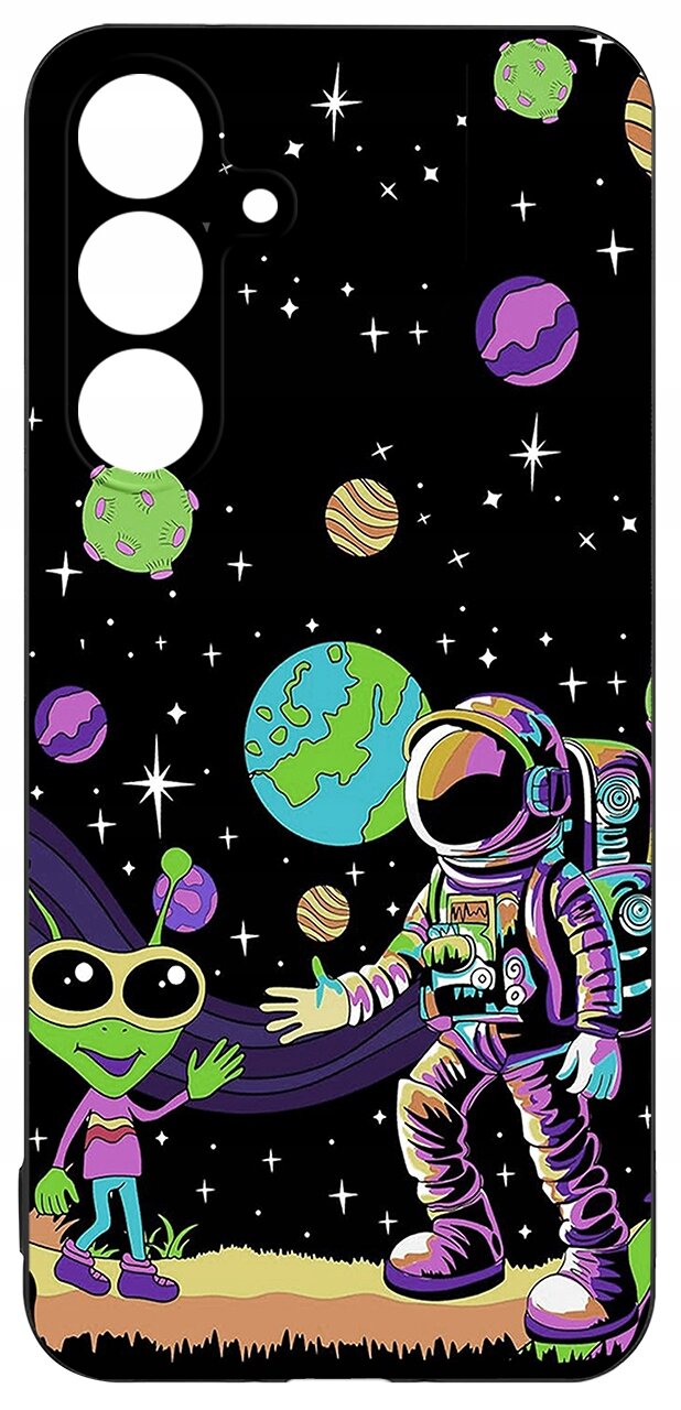 Etui z kolorowym wzorem przedstawiającym astronautę i zielonego kosmitę na tle kosmosu z planetami i gwiazdami.