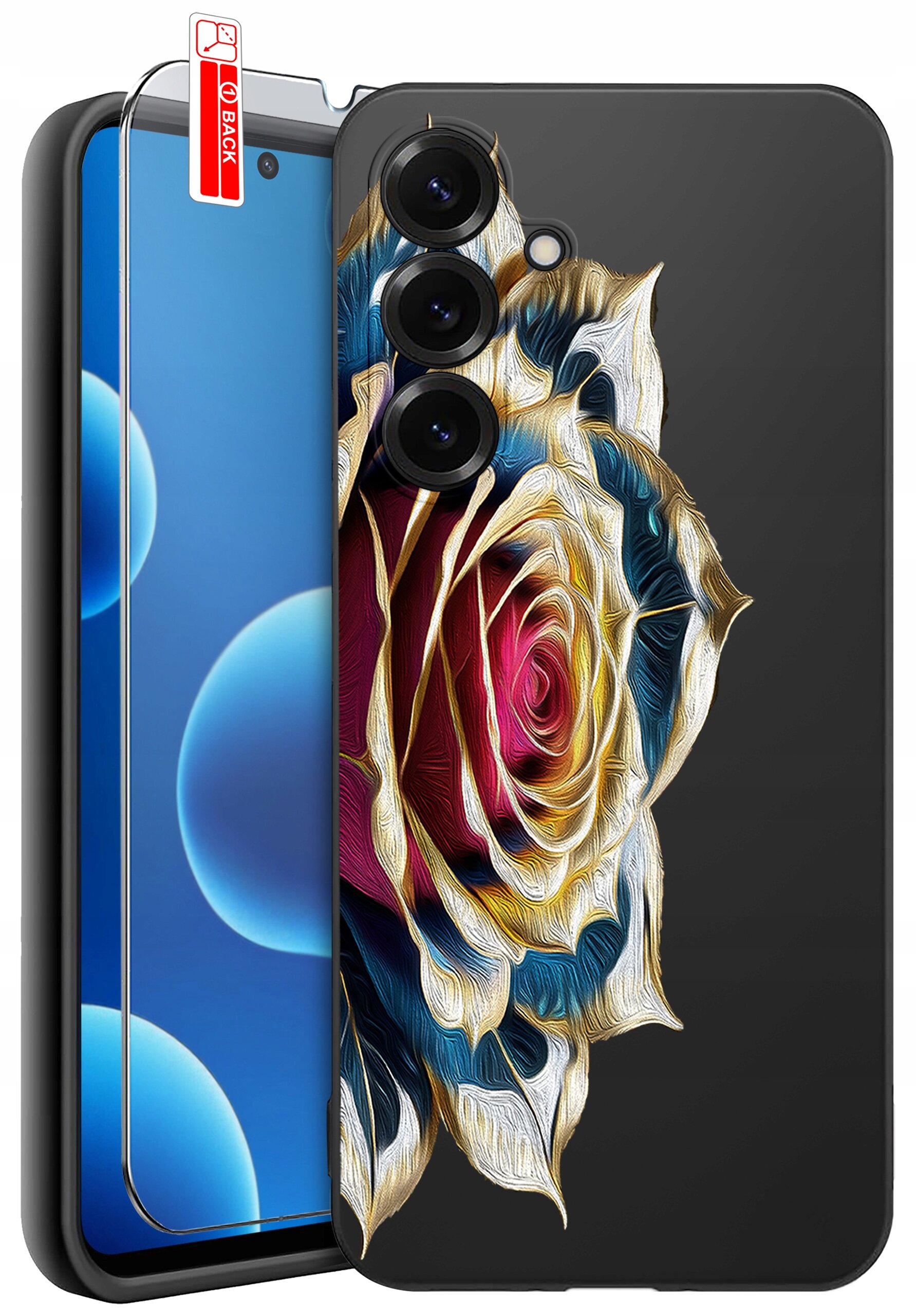Etui na telefon z wzorem kolorowej róży, obok którego znajduje się szkło ochronne z napisem \'BACK\'.