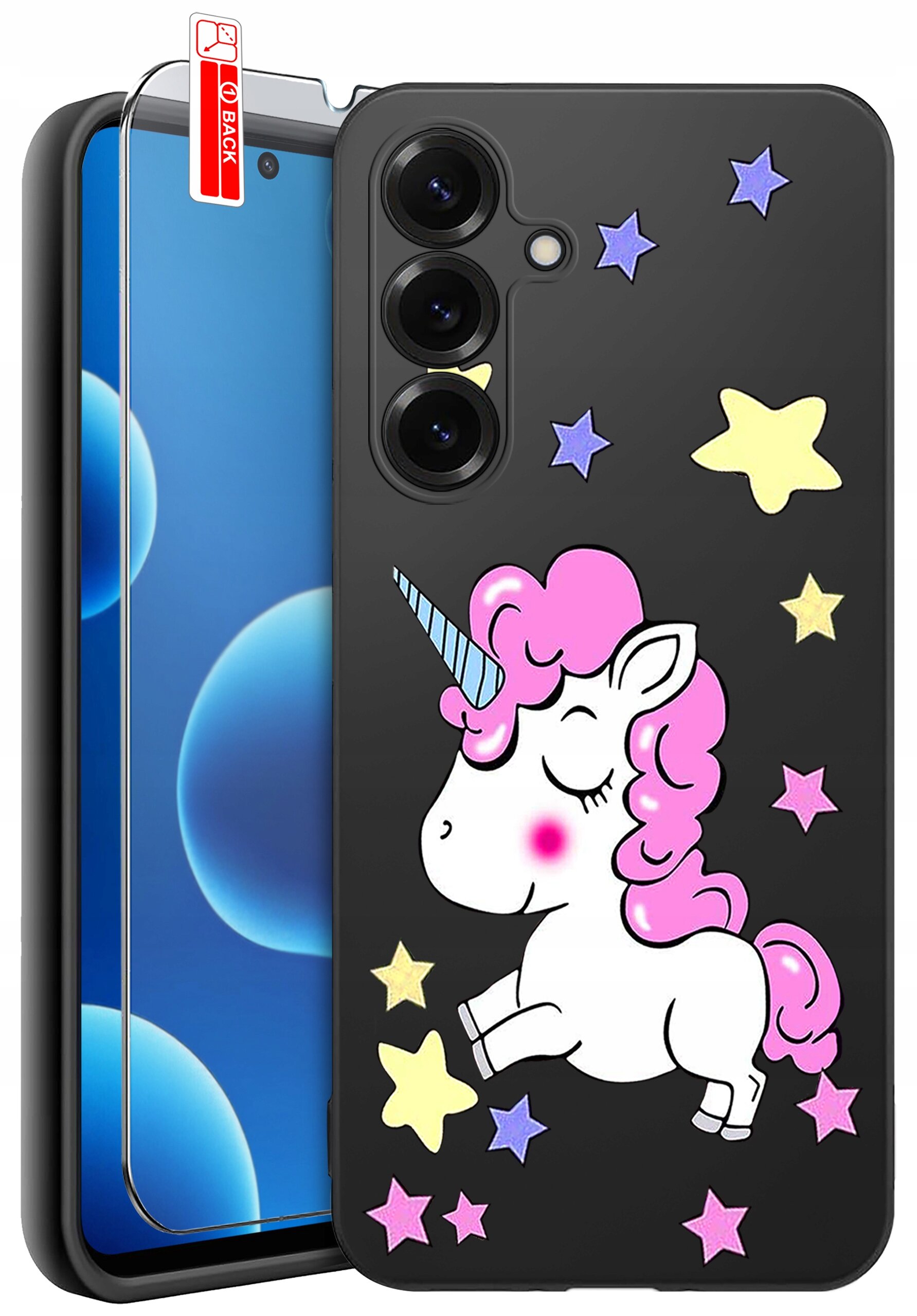 Czarne etui na telefon z kolorowym wzorem jednorożca i gwiazdek. Obok znajduje się szkło ochronne z napisem \'BACK\'.