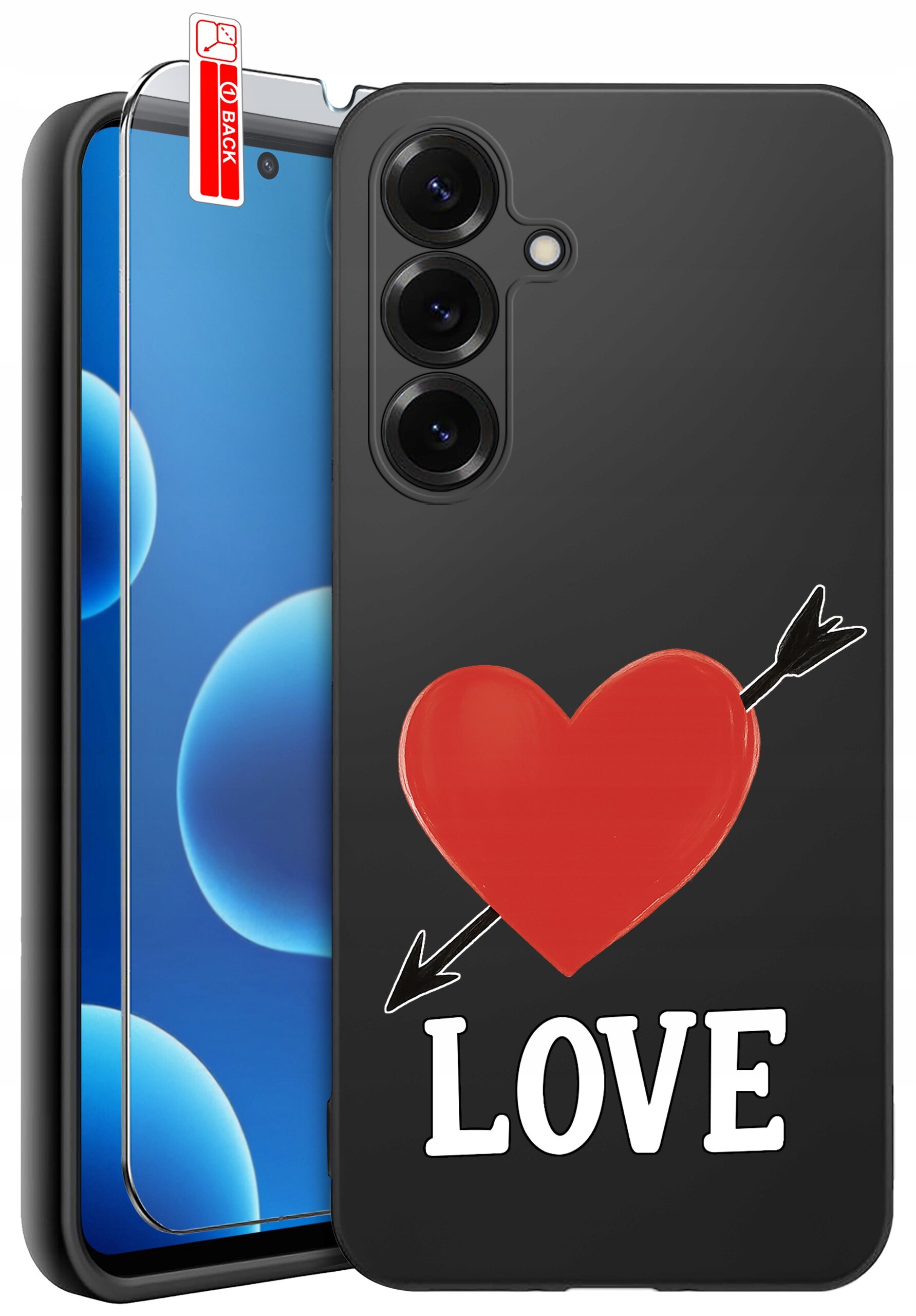 Czarne etui na telefon z czerwonym sercem przebitym strzałą i napisem \'LOVE\'. Obok etui znajduje się szkło ochronne z oznaczeniem \'BACK\'.
