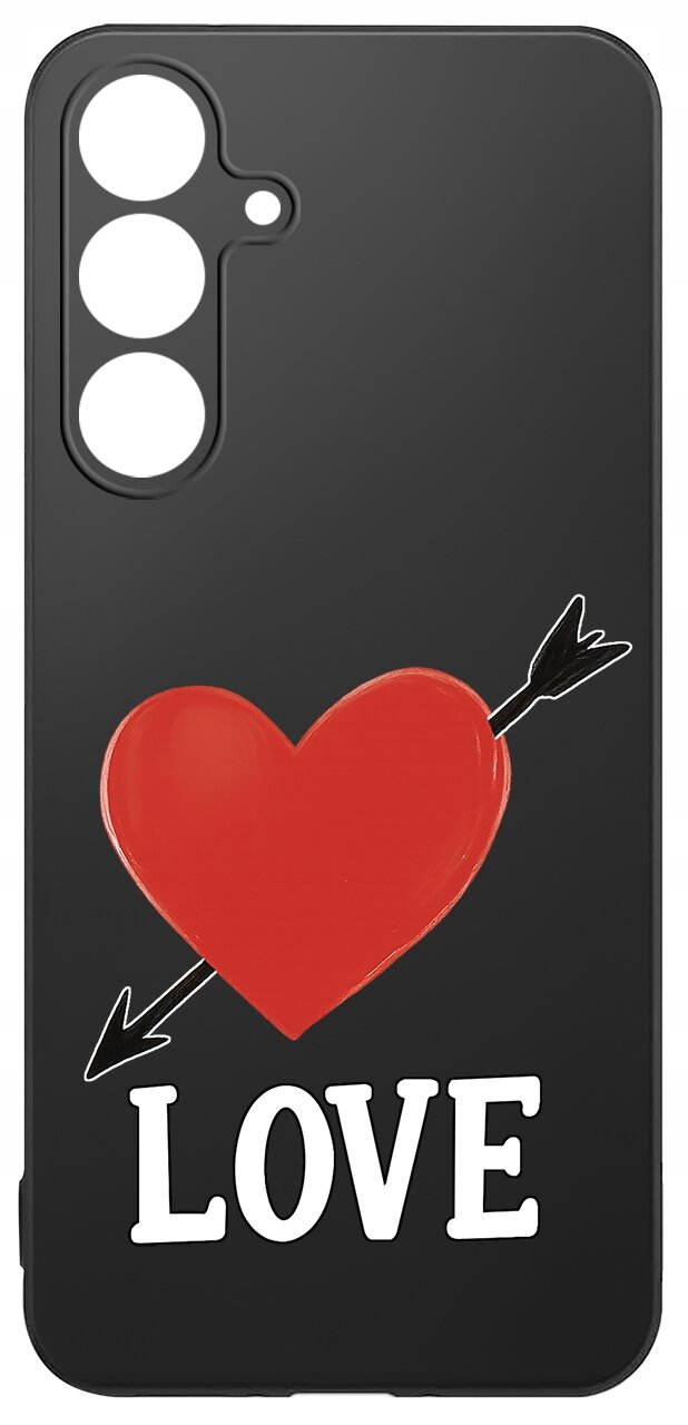 Czarne etui z czerwonym sercem przebitym strzałą oraz napisem \'LOVE\' na dole.