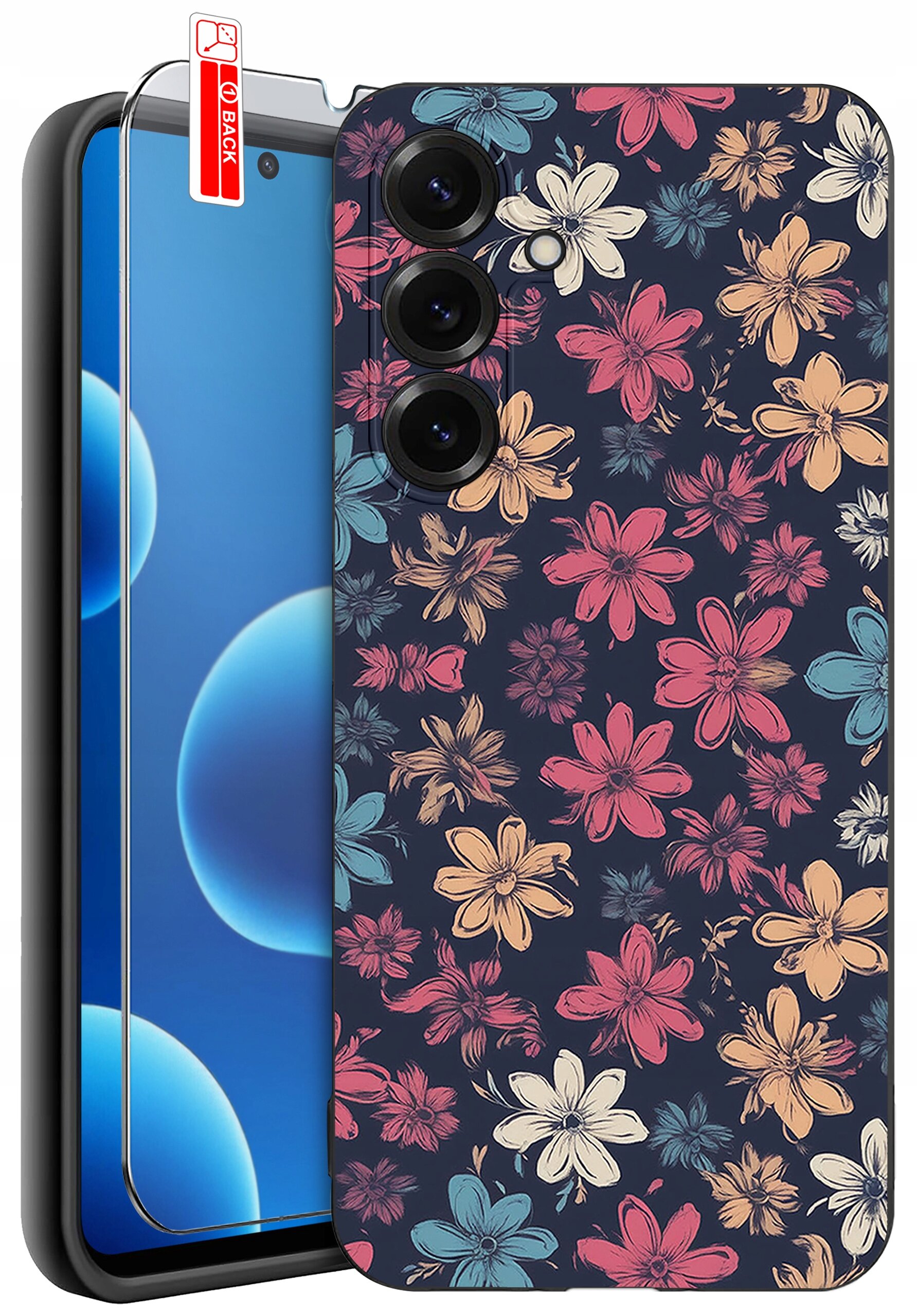 Etui na telefon z kolorowym wzorem kwiatowym oraz szkło ochronne z napisem \'BACK\'.