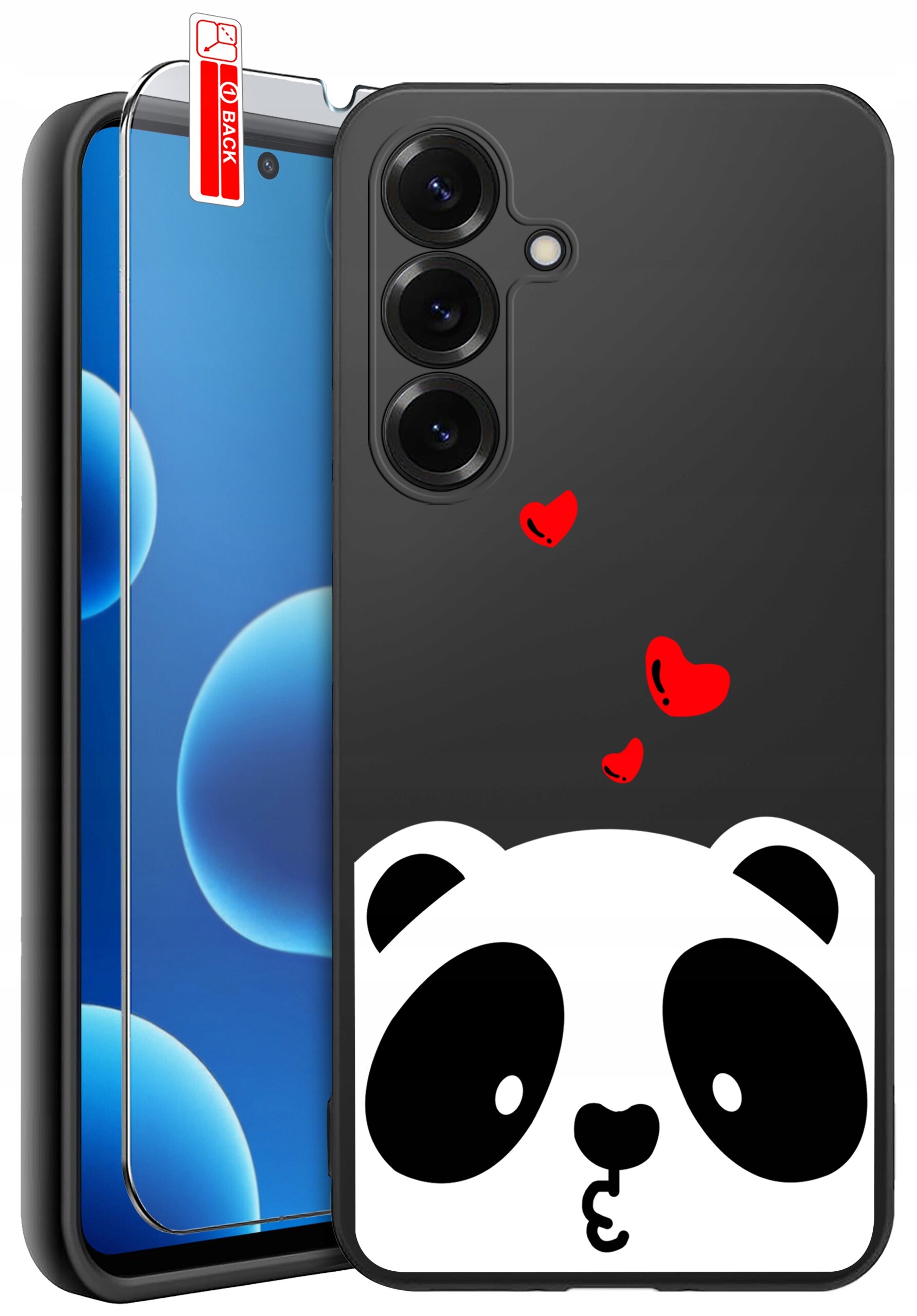 Czarne etui na telefon z motywem pandy i czerwonymi serduszkami. Obok znajduje się szkło ochronne z napisem \'BACK\'.