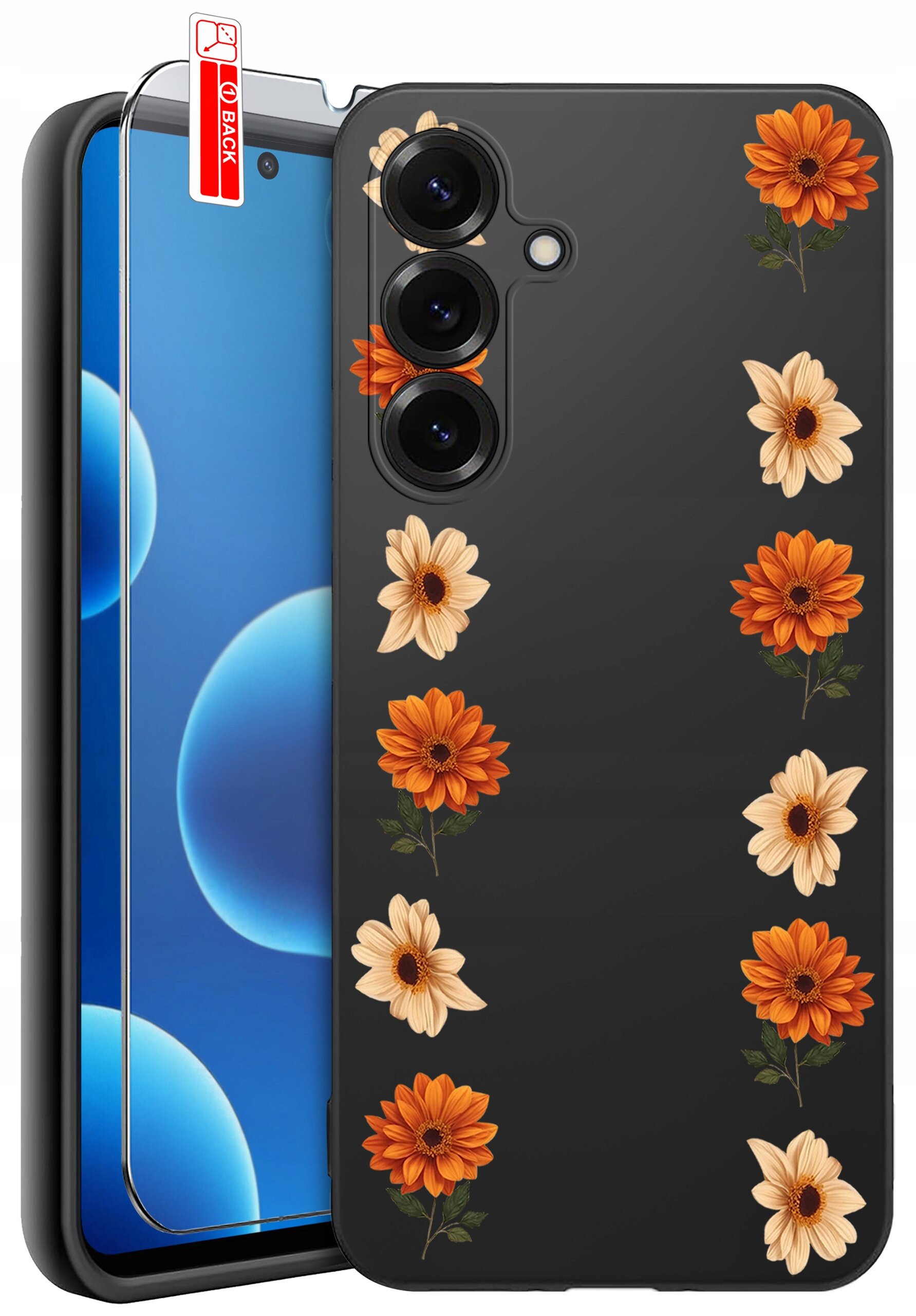 Etui na telefon z czarnym tłem ozdobione wzorem pomarańczowych i kremowych kwiatów. Obok znajduje się szkło ochronne z czerwoną naklejką z napisem \'BACK\'.