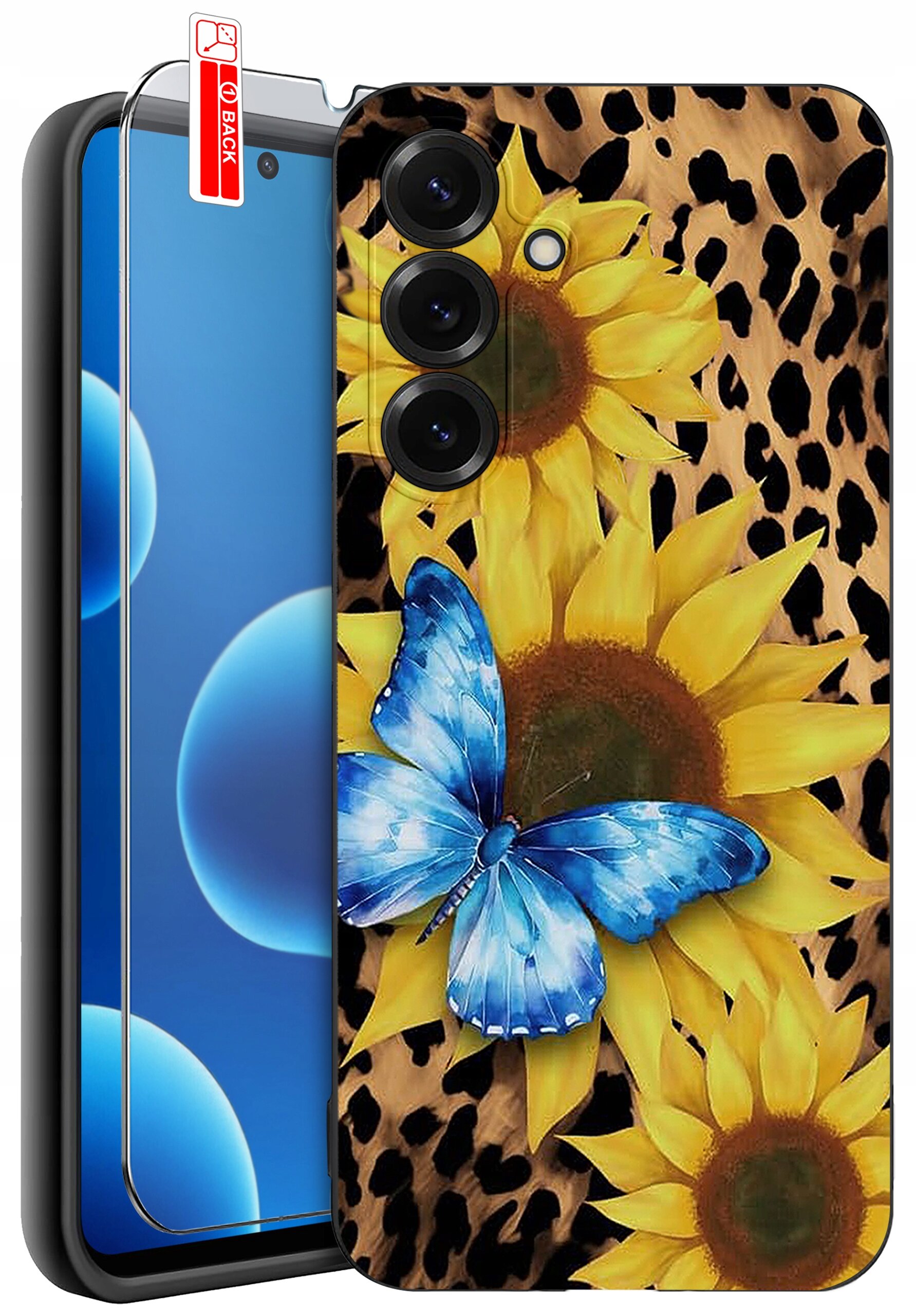 Etui na telefon z motywem słoneczników i niebieskiego motyla na tle przypominającym wzór panterki. Obok etui znajduje się szkło ochronne z oznaczeniem \'BACK\'.