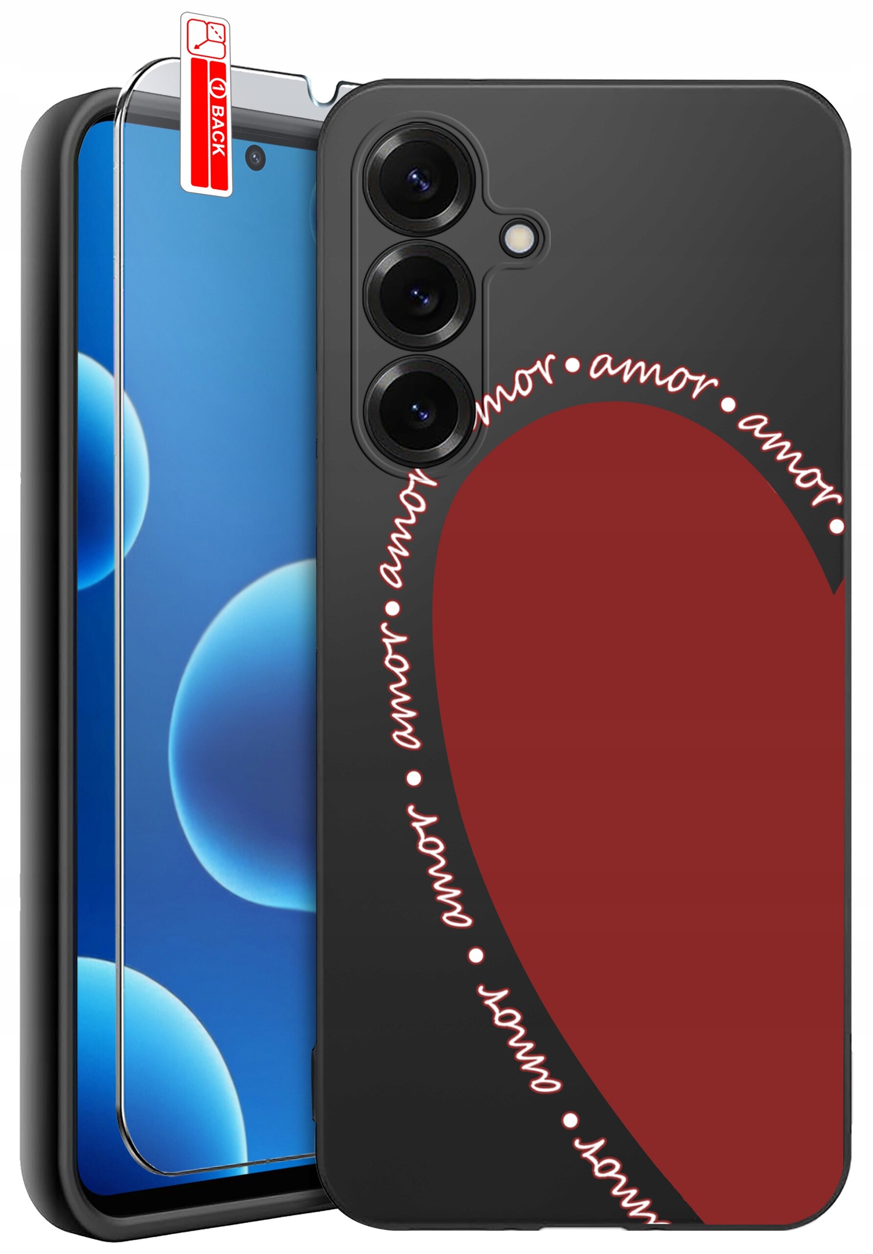 Obraz przedstawia silikonowe etui na telefon z dużym czerwonym sercem i napisem \'amor\' powtarzającym się wokół serca. Obok etui znajduje się szkło ochronne z etykietą \'BACK\'.