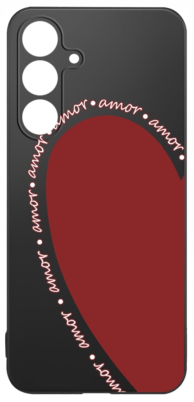 Czarne etui na telefon z dużym czerwonym sercem i napisem \'amor\' powtarzającym się wokół serca. Etui ma wycięcia na trzy obiektywy aparatu.