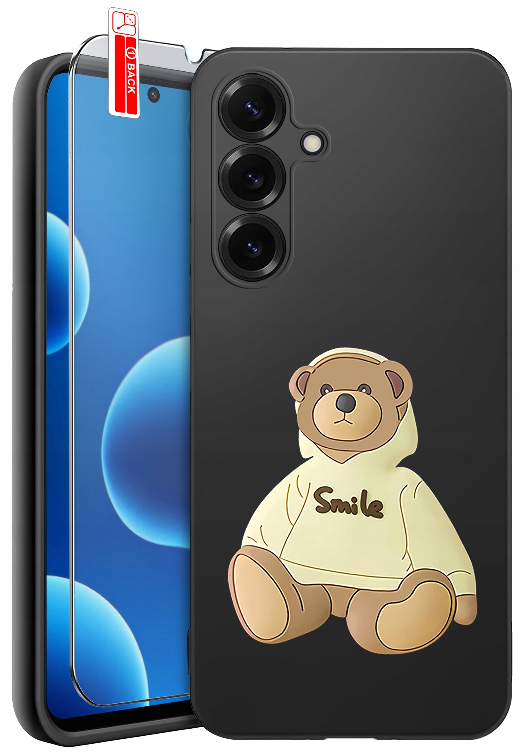 Czarne etui na telefon z nadrukiem misia w bluzie z napisem \'Smile\'. Obok etui znajduje się szkło ochronne z oznaczeniem \'BACK\'.