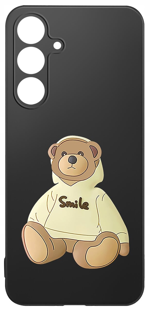 Czarne etui z nadrukiem misia w bluzie z napisem \'Smile\'. Etui posiada wycięcia na trzy obiektywy aparatu i lampę błyskową.
