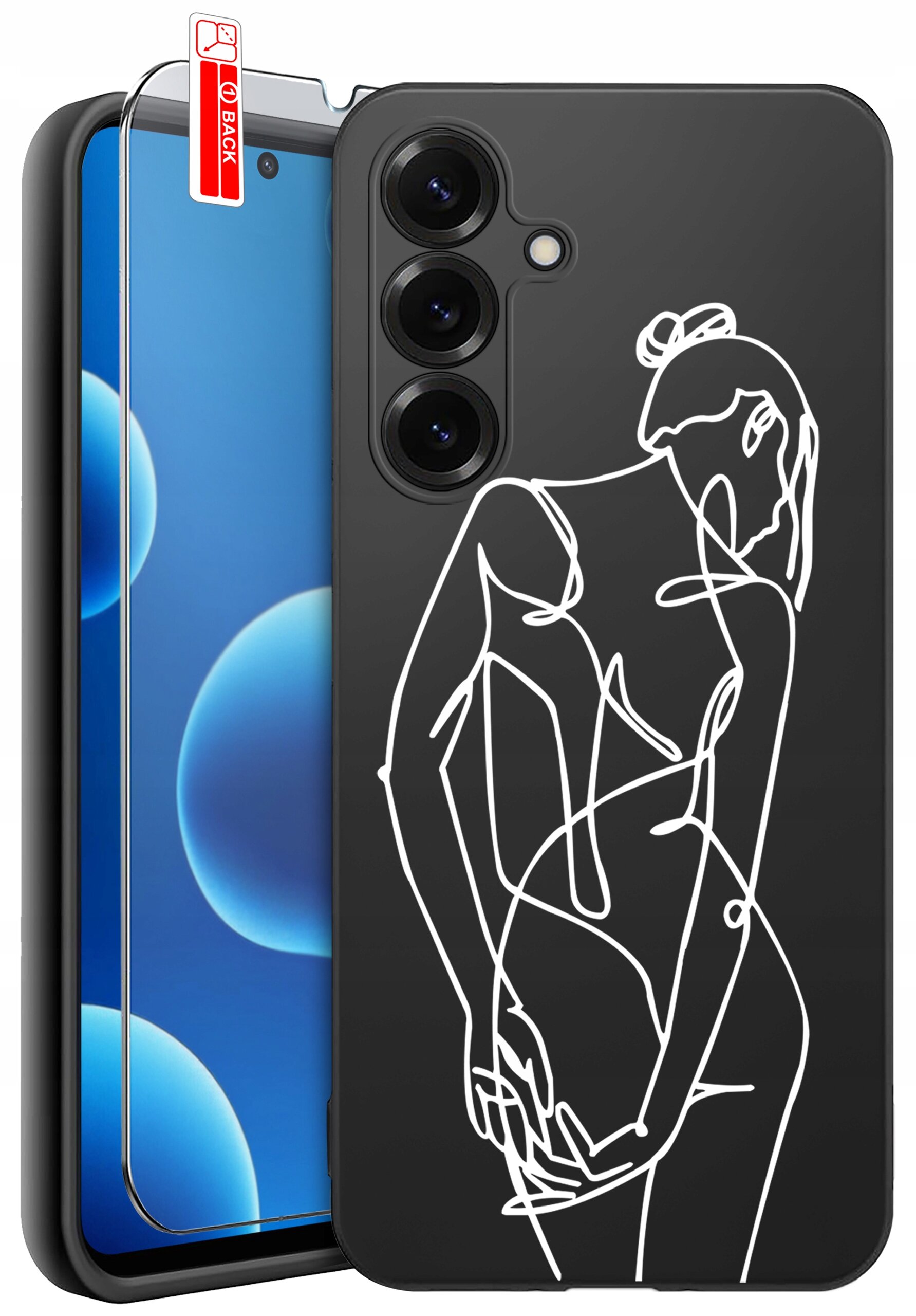 Obraz przedstawia czarne etui na telefon z białym, abstrakcyjnym rysunkiem sylwetki osoby. Obok etui znajduje się telefon z nałożonym szkłem ochronnym, na którym widoczna jest naklejka z napisem \'BACK\'.