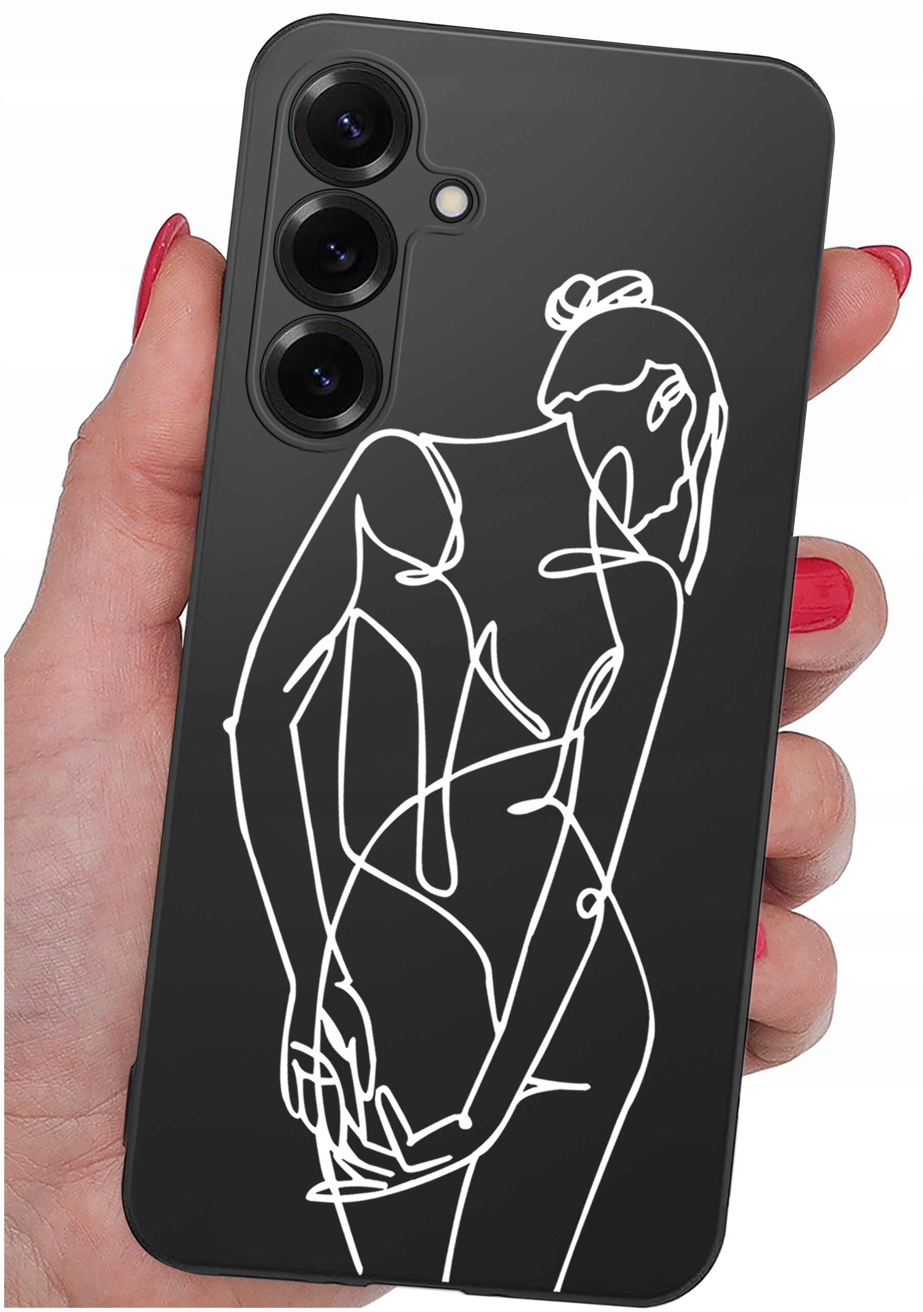 Czarne etui na telefon z białym, abstrakcyjnym rysunkiem sylwetki kobiety. Etui trzymane jest w dłoni z pomalowanymi na czerwono paznokciami.