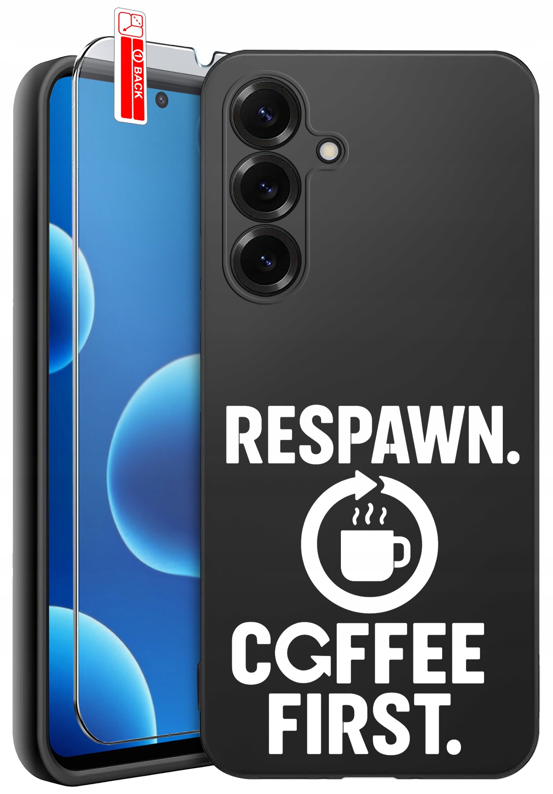 Czarne etui na telefon z napisem \'RESPAWN. COFFEE FIRST.\' oraz symbolem filiżanki. Obok znajduje się szkło ochronne z oznaczeniem \'BACK\'.