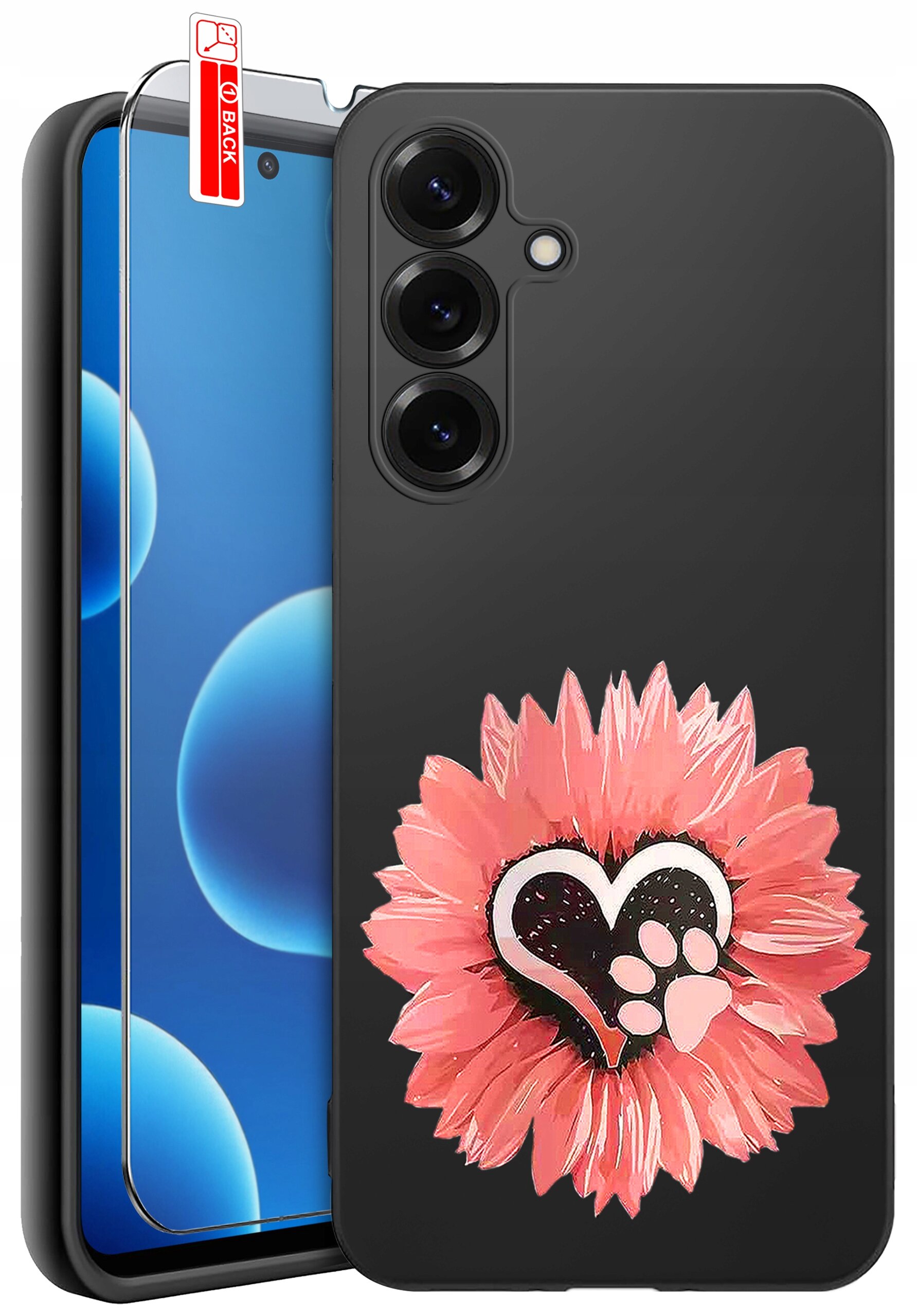 Etui na telefon z czarnym tłem ozdobione różowym kwiatem z sercem i odciskiem łapy pośrodku. Obok znajduje się szkło ochronne z napisem \'BACK\'.