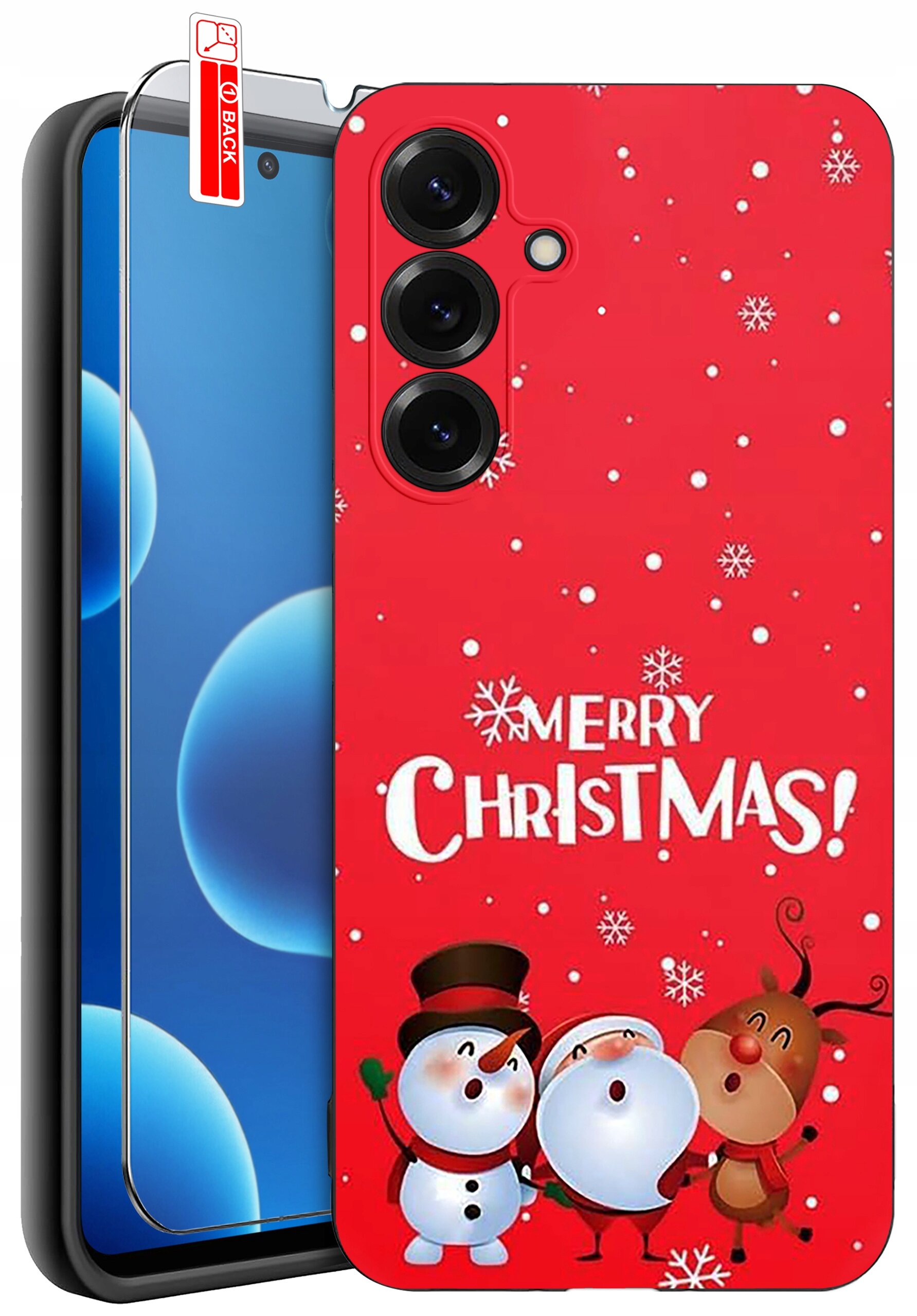 Etui na telefon z czerwonym tłem, ozdobione napisem \'Merry Christmas!\' oraz grafiką bałwanków i renifera. Obok widoczne jest szkło ochronne na ekran.
