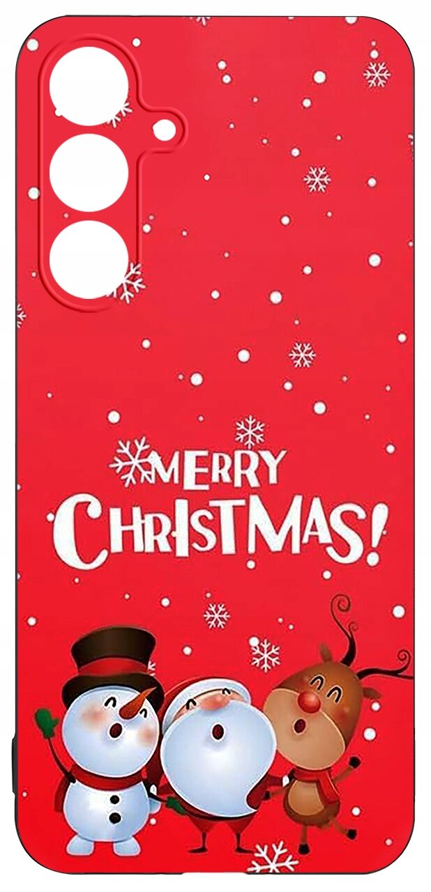 Czerwone etui z napisem \'Merry Christmas!\' oraz grafiką trzech postaci w świątecznych strojach, otoczone płatkami śniegu.