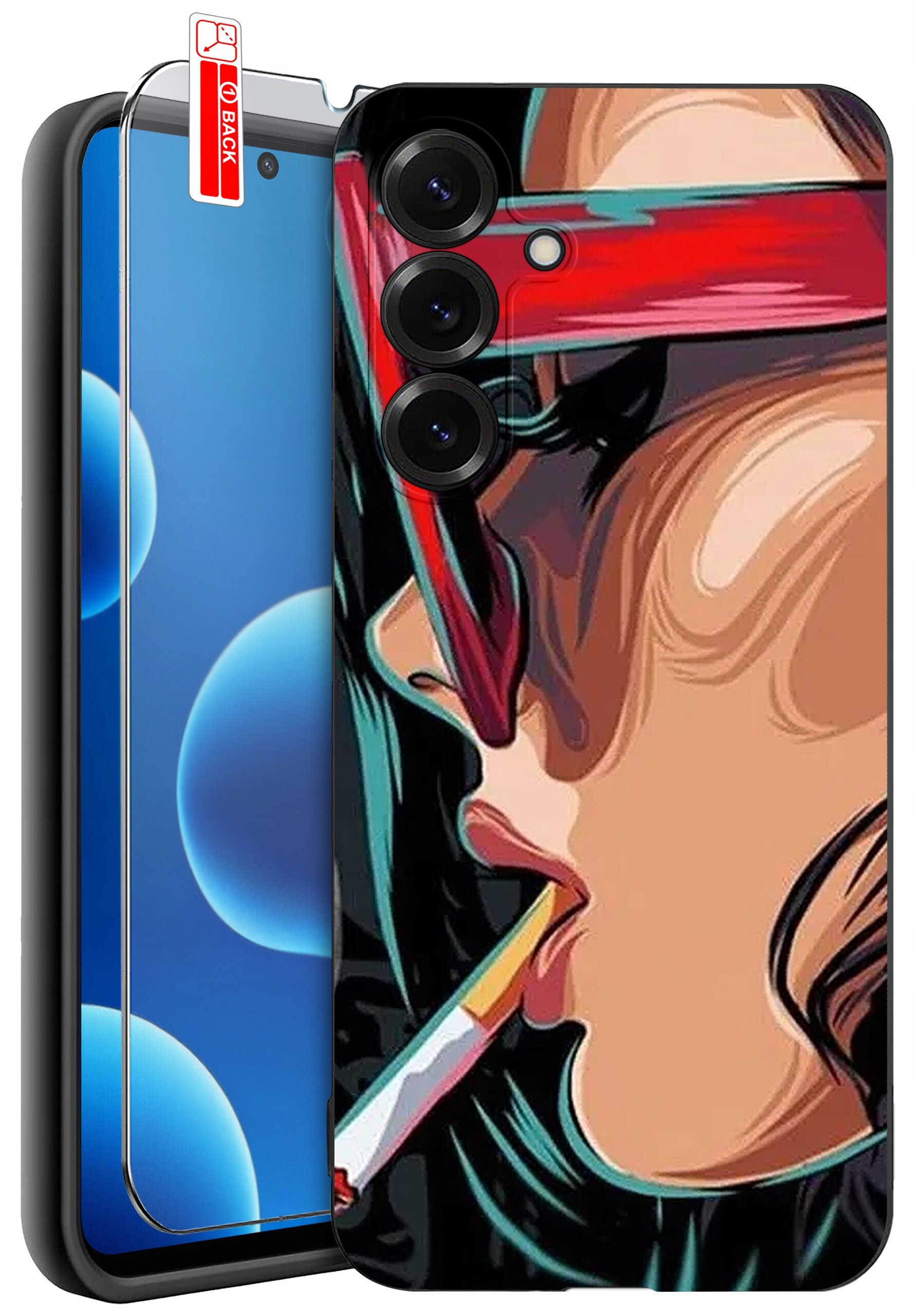 Obraz przedstawia etui na telefon z kolorowym wzorem przedstawiającym stylizowaną twarz osoby w okularach i z papierosem. Obok etui znajduje się szkło ochronne z etykietą \'BACK\'.