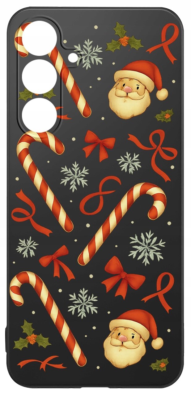 Etui na telefon z motywem świątecznym, ozdobione wzorami cukrowych lasek, twarzy Mikołaja, śnieżynek i czerwonych kokardek na czarnym tle.