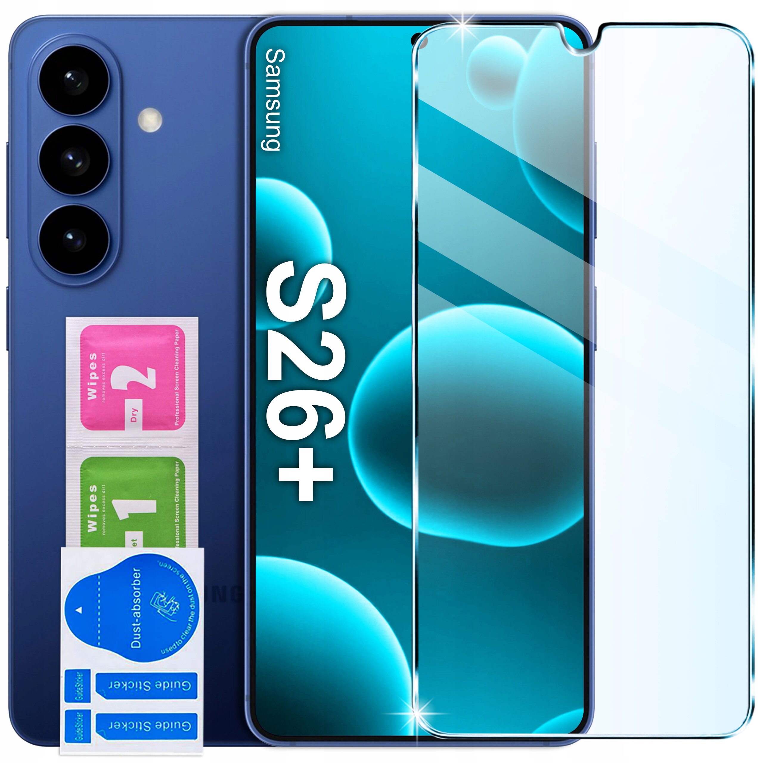 Na obrazie widoczny jest telefon Samsung S26+ z trzema aparatami z tyłu oraz szkło ochronne na ekran. Obok znajdują się dwie ściereczki do czyszczenia oznaczone jako \'Wipes 1\' i \'Wipes 2\' oraz naklejki \'Dust-absorber\' i \'Guide Sticker\'.