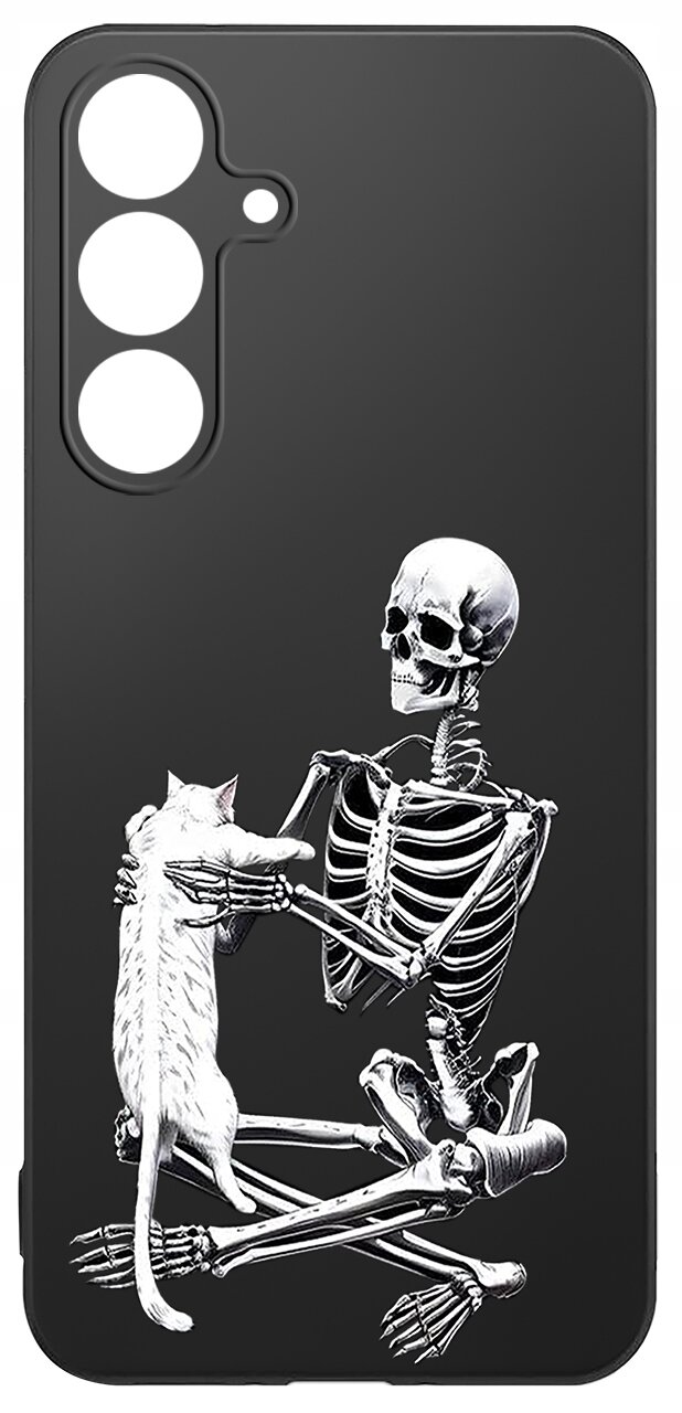 Czarne etui na telefon z nadrukiem szkieletu trzymającego kota. Etui ma wycięcia na trzy obiektywy aparatu i lampę błyskową.