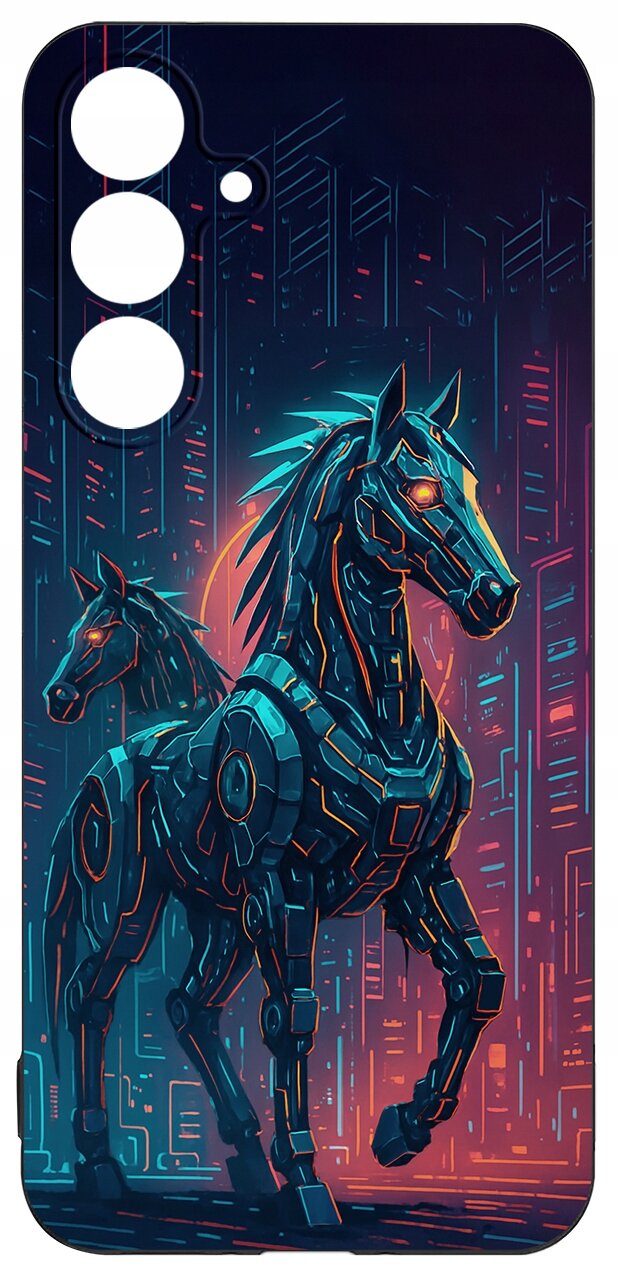 Etui na telefon z grafiką przedstawiającą dwa futurystyczne konie w stylu cyberpunkowym, na tle neonowych wzorów. Etui ma wycięcia na aparat i przyciski.