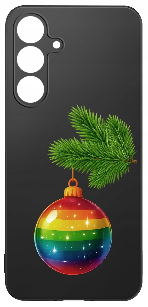 Czarne etui z trzema otworami na aparat, ozdobione gałązką świerku i kolorową bombką w tęczowe pasy.