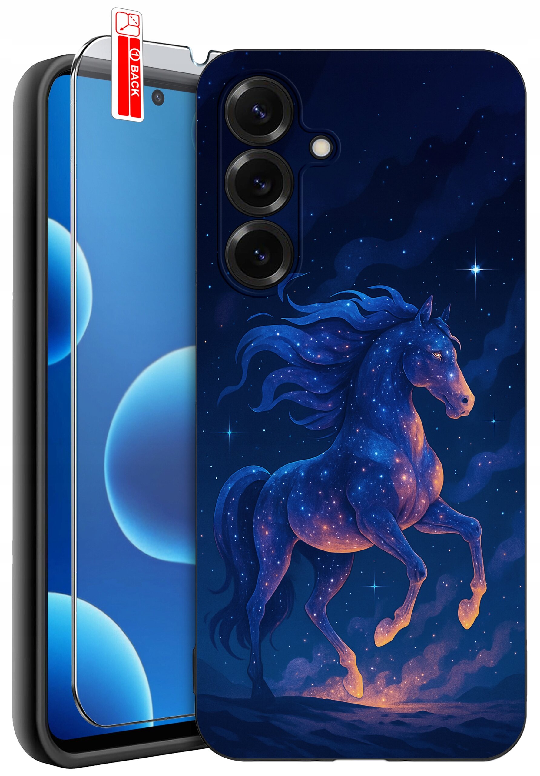 Etui na telefon z wzorem galopującego konia na tle gwiaździstego nieba. Obok etui znajduje się szkło ochronne z napisem \'BACK\'.